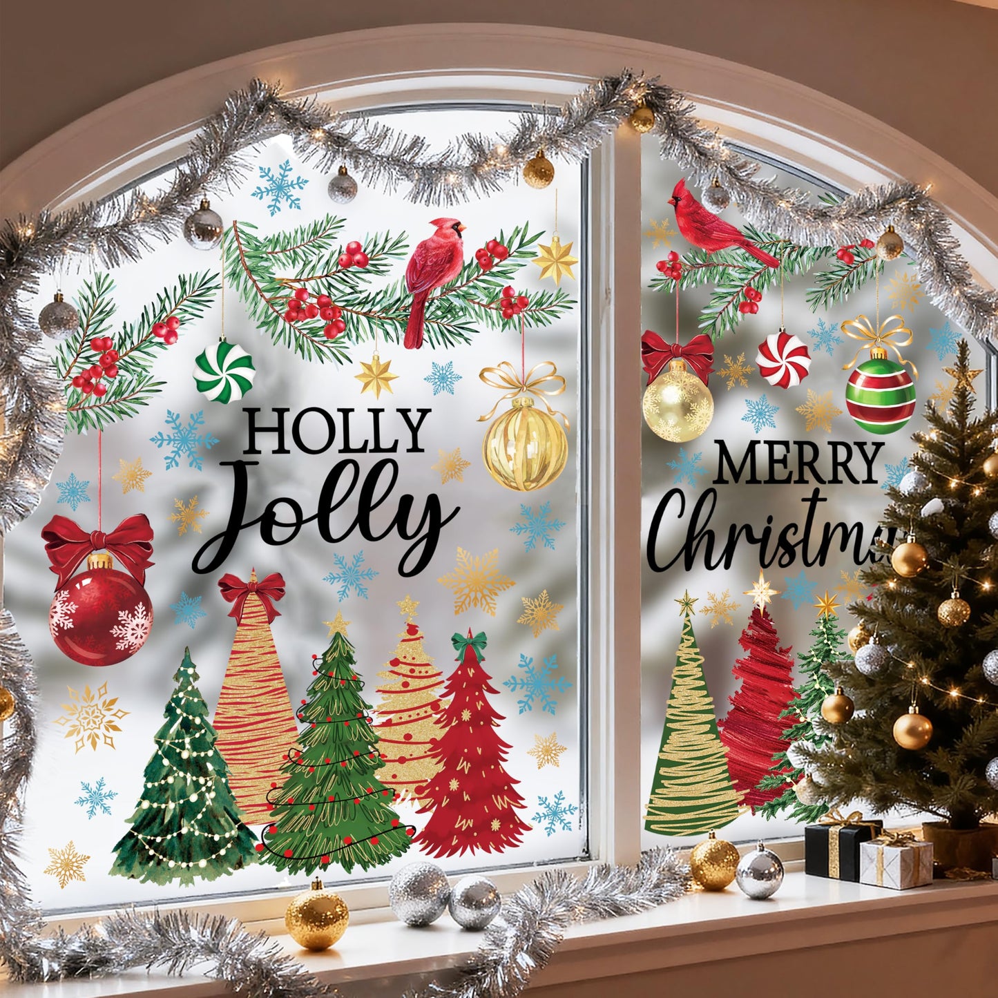 Feivando 8 Sheets Christmas Window Clings Stickers Winter Snowflake Merry Christmas Tree Xmas Window Decals for Holiday Party Home Office Shop Glass Display Decoration