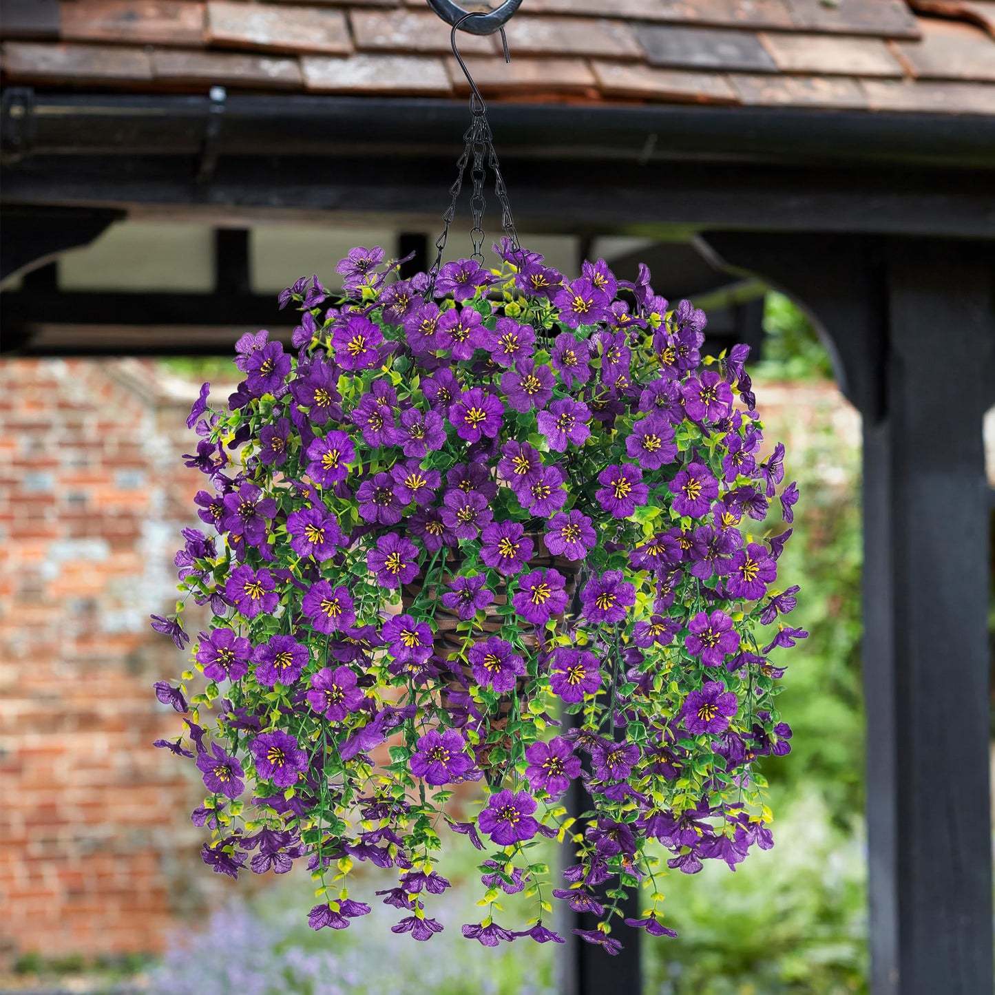 HyeFlora Artificial Hanging Flowers Basket for Outdoor, Fake Flowers Faux Plants Look Real for Yard Gardens Porch Patio Home (Darkpurple)