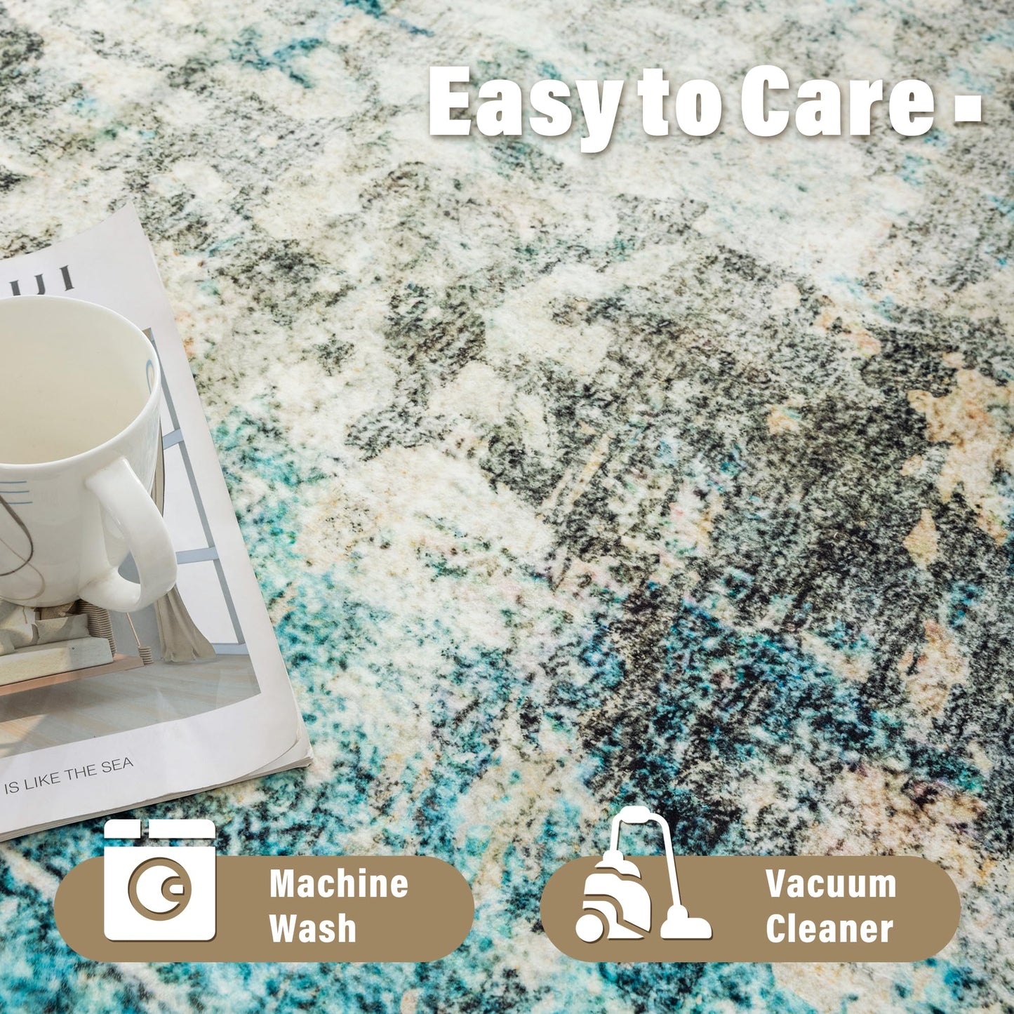 Carvapet 6x9 Large Rugs for Living Room Bedroom Kids Room, 6 x 9 Washable Teal Modern Abstract Low Pile Carpet with Rubber Backing, Foldable, Non Slip Thin Area Rug, Ultra Soft