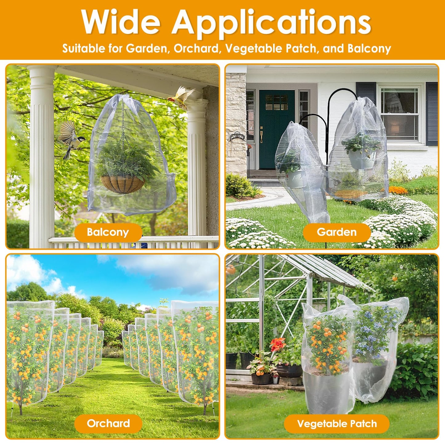 4 Pack Insect Bird Barrier Mesh - Blueberry Bush Netting Cover Insect Bird Netting Tomato Protective Cover with Drawstring Garden Mesh Netting for Vegetables, Fruits, Trees, 3.3Ft x 4.92Ft