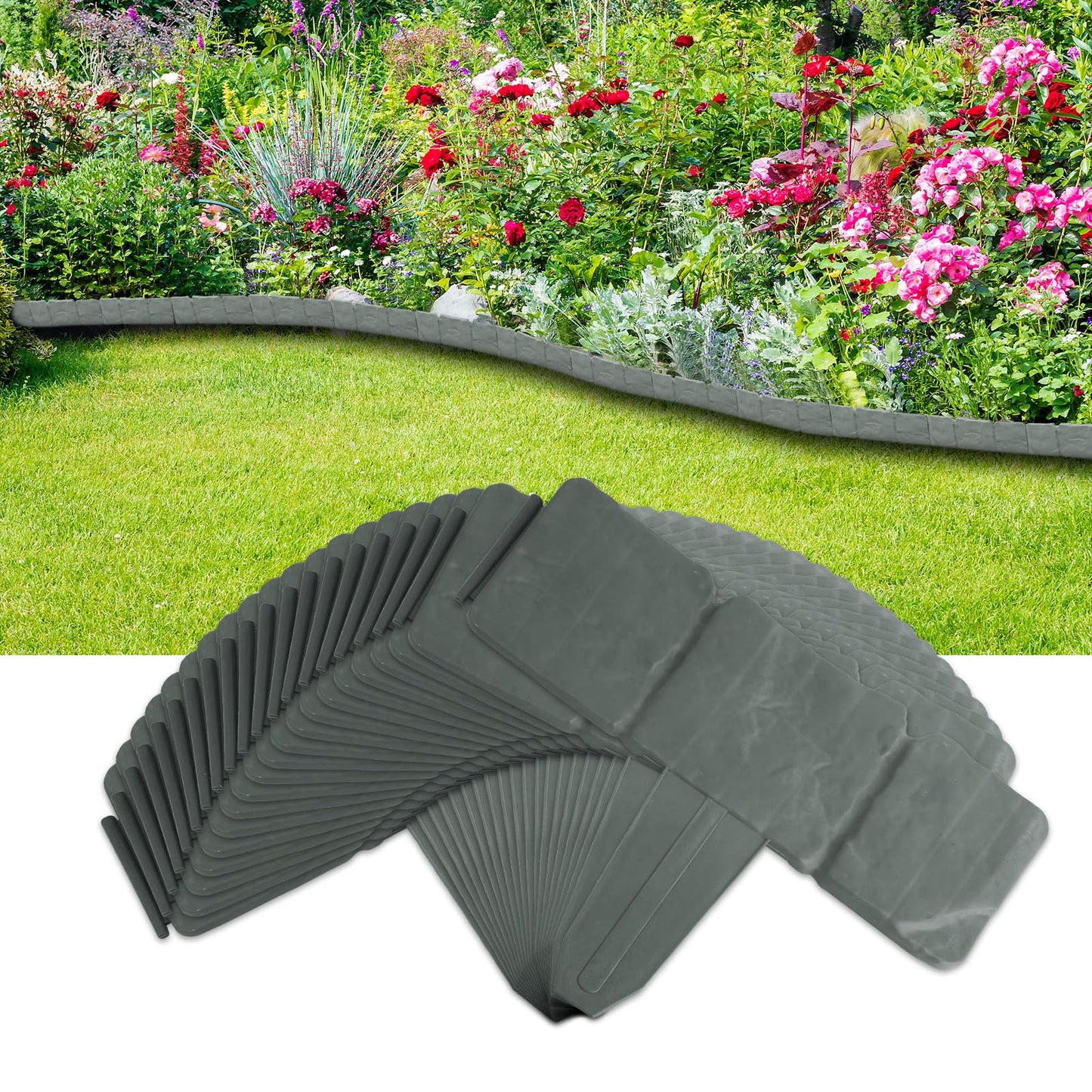 20Pcs Garden Edging Border, 9.8"x 9" Stone Effect Lawn Edging, Landscape Edging Lawn Garden Fence Decorative Landscape Border 16.4Ft Length Landscaping for Lawn Flower Bed Yard, Grey