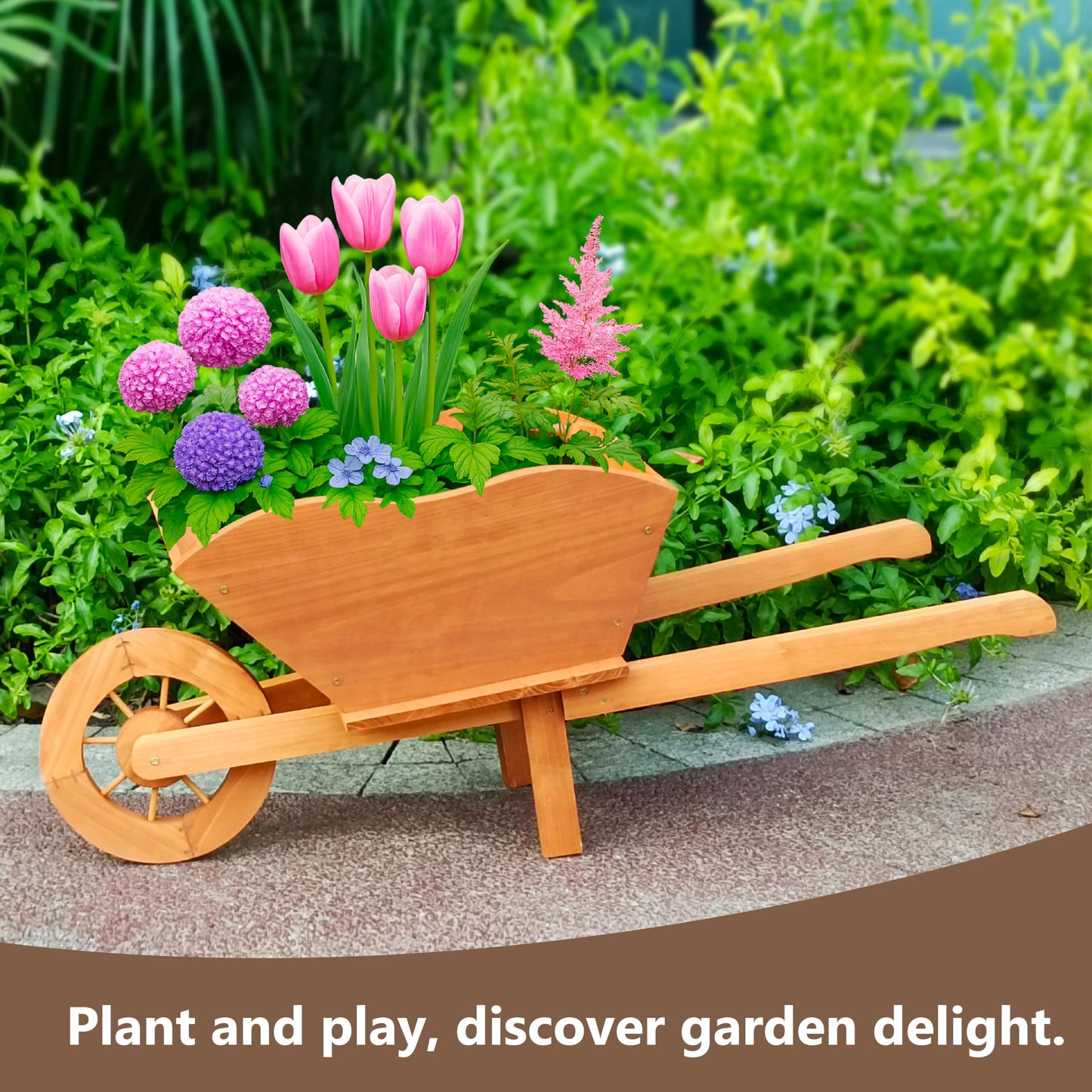 Beipoo Decorative Wooden Wagon Planter Box, Wood Wheelbarrow Planter with Handles, Drainage Hole, Wagon Garden Planter, Flower Cart for Indoor Outdoor Decor