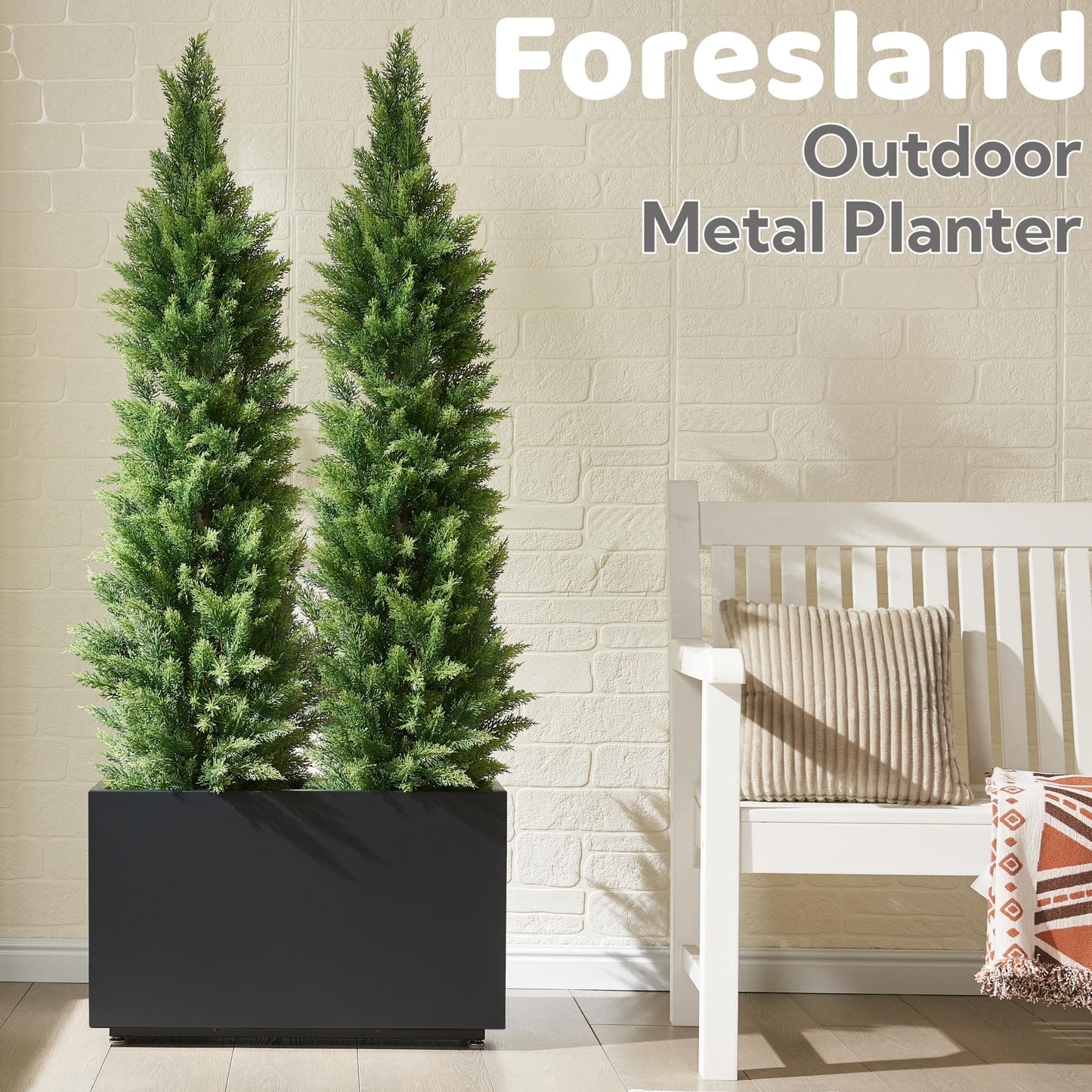 Foresland Outdoor Metal Planter Box 26Wx10Dx16H, Large Rectangular Trough Planters, Easy 5-Min Assembly, Modern Plant Container with Drainage Holes, Heavy Duty, Weather Resistant, Black