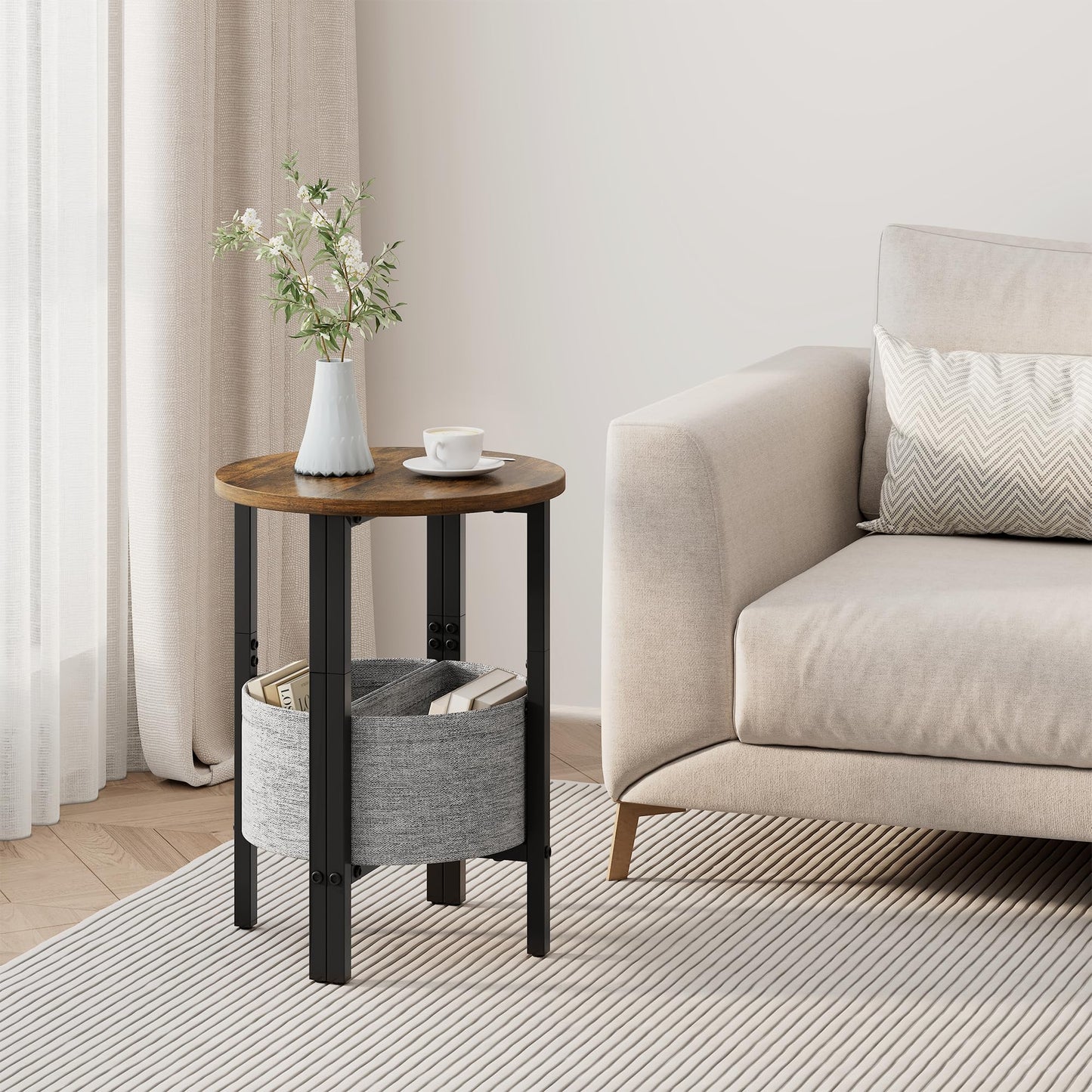 Vagusicc Small Round Side Table, Accent End Table with Storage Basket, Set of 2 Half Round Coffee Table End Table, Half Moon Bedside Table, Modern Nightstand Couch Table for Living Room Bedroom, Brown