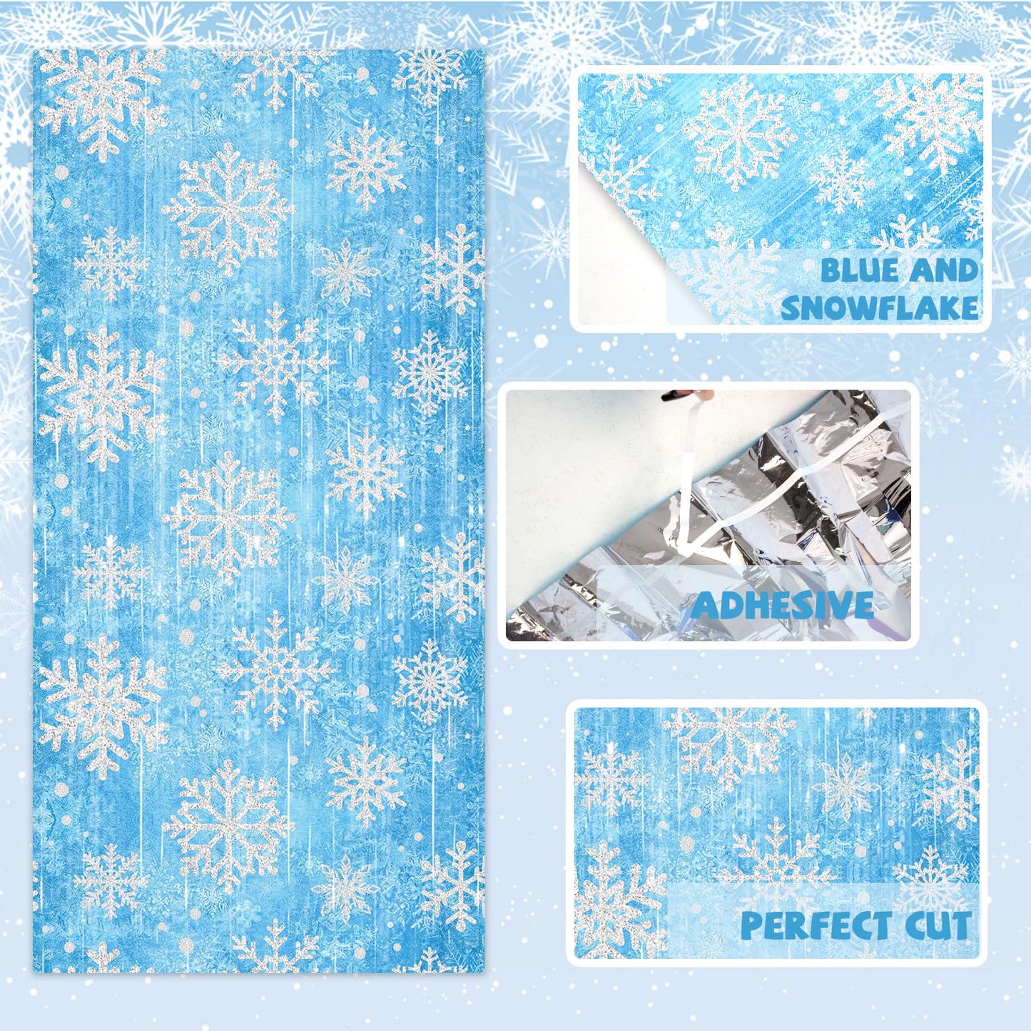ILUIGGW Party Decorations Foil Fringe Curtains, 2Pack Snowflake 3.3x6.6ft Tinsel Foil Fringe Curtains Winter Photo Booth Prop Backdrops, Blue Snowflake