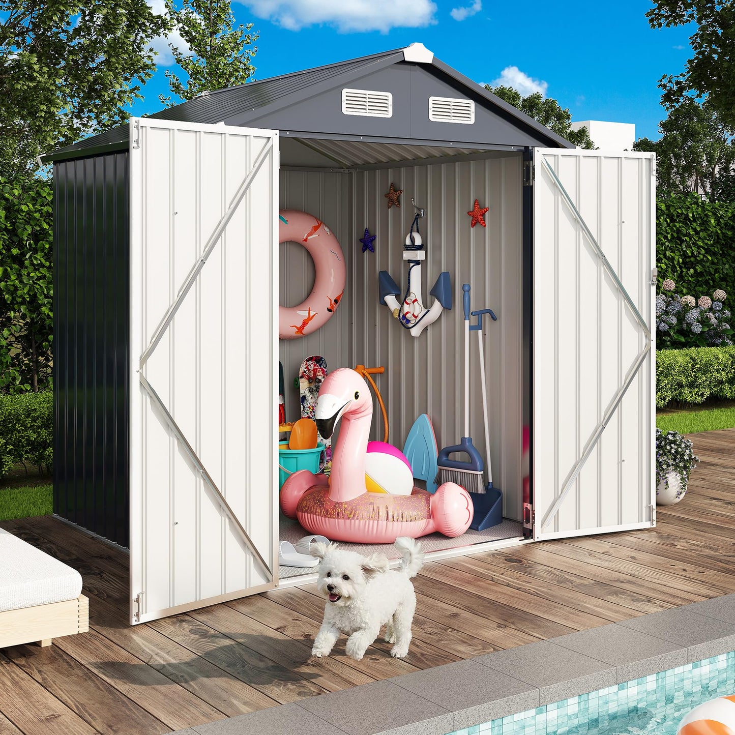 IRONCK 5.7x5.7FT Storage Shed, Outdoor Tool Shed with Lockable Doors and Breathable Vent, Outside Metal Garden Storage for Poolside, Backyard, Patio, Dark Blue