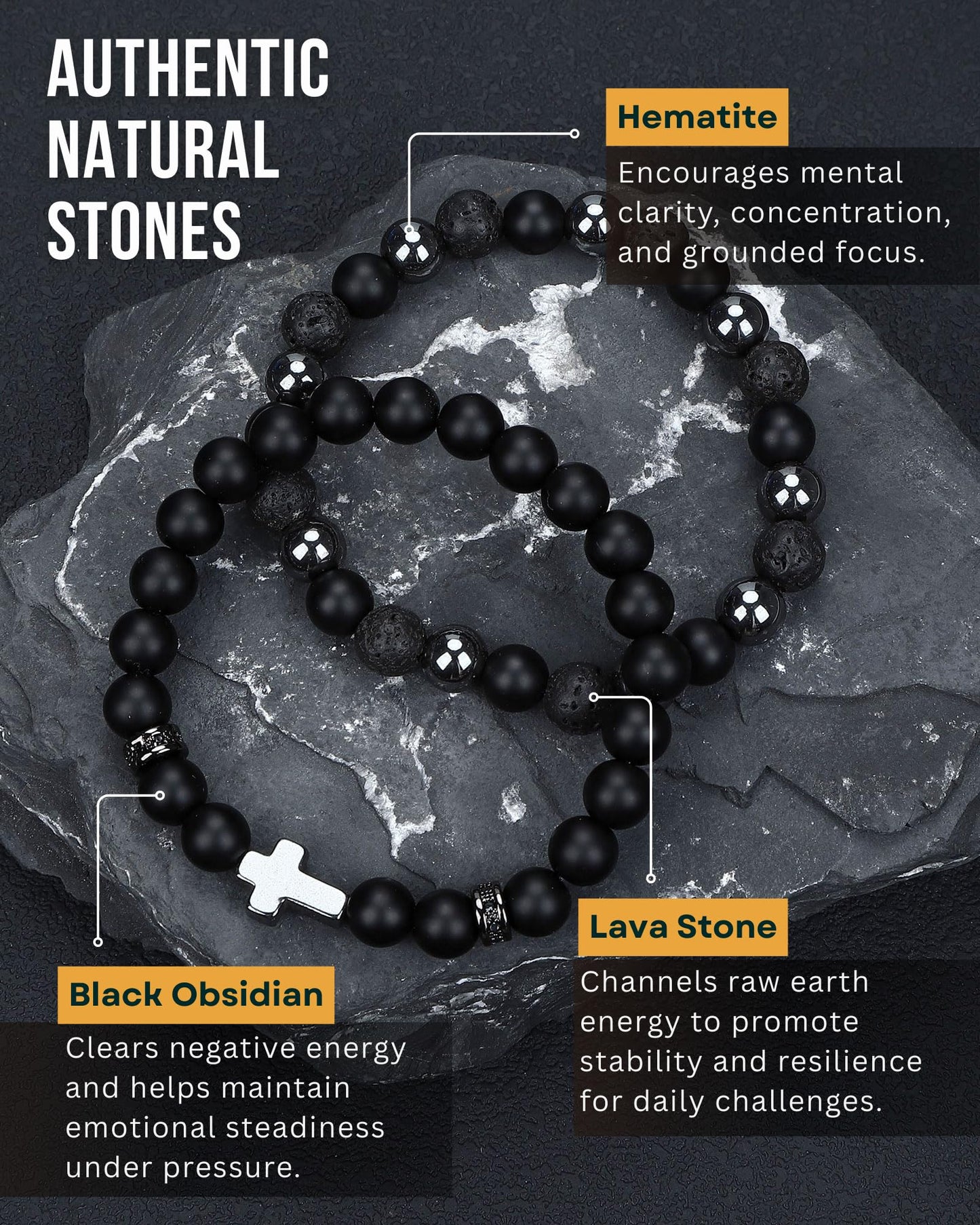 WestLuna Beaded Bracelets for Men - Black Obsidian Hematite Lava Stone Triple Protection Bracelets 8MM Natural Stone Cross Bracelet for Men (Medium)