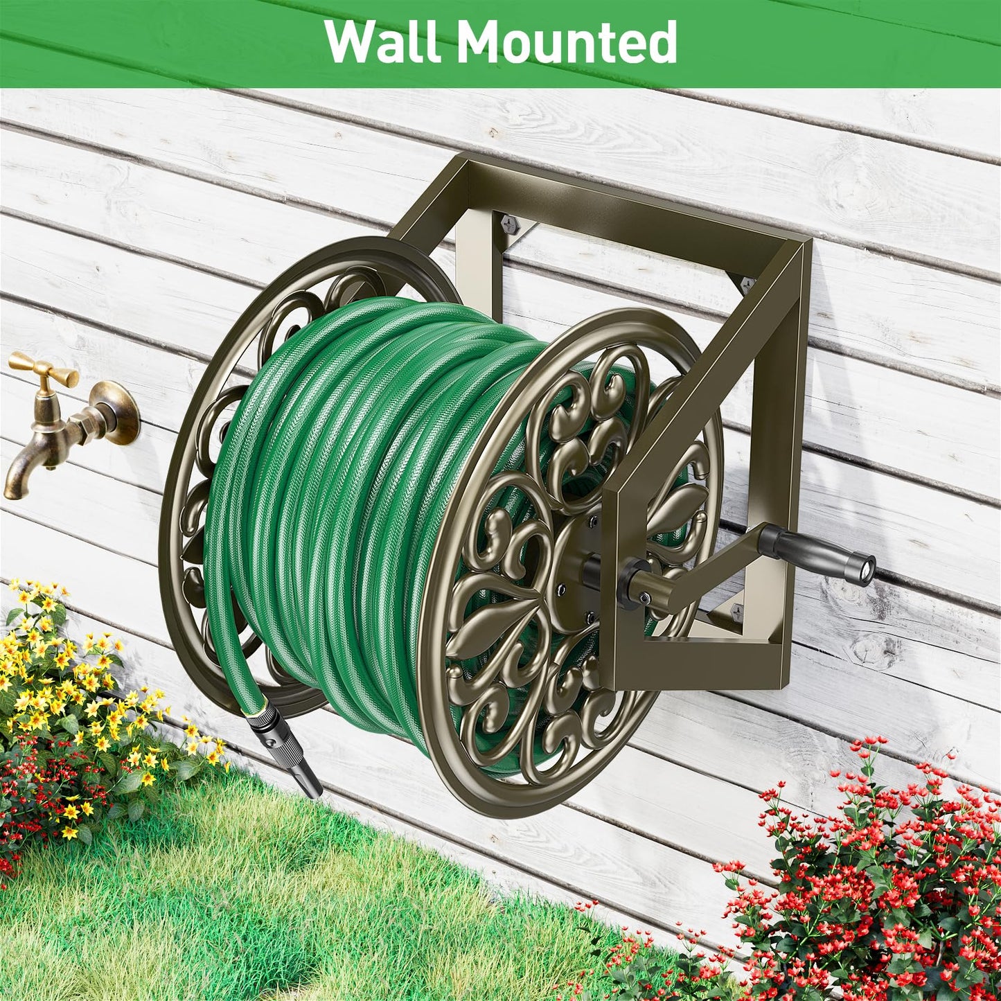GOFORWILD Garden Wall/Floor Mount Hose Reel, Decorative Hose Reel, Garden Heavy-Duty Water Hose Holder Winder, Holds 200-Feet of 5/8-Inch Hose