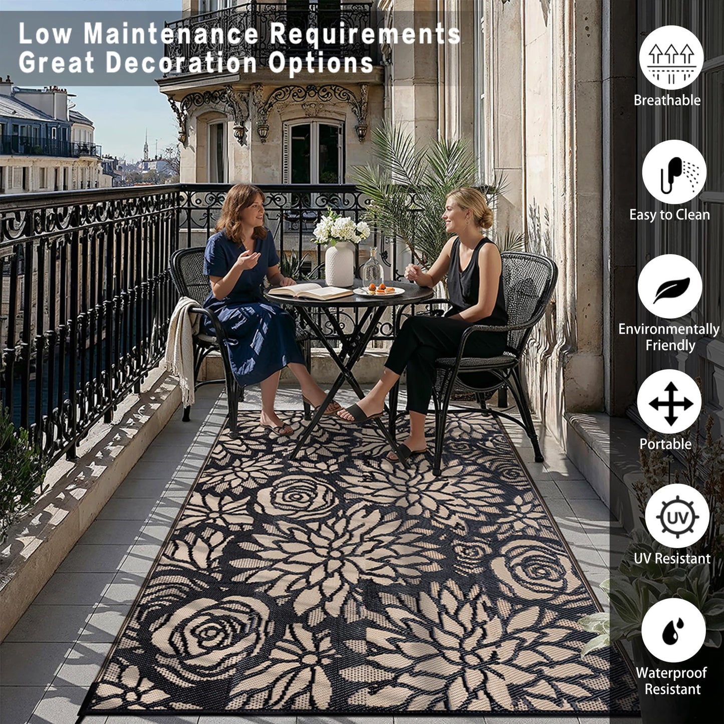 WondRg Outdoor Plastic Straw Rug Waterproof Patio 9x12 Black Brown Floral Mat for Porch Camping RV Balcony Deck Courtyard Reversible Lightweight Durable Portable Carpet