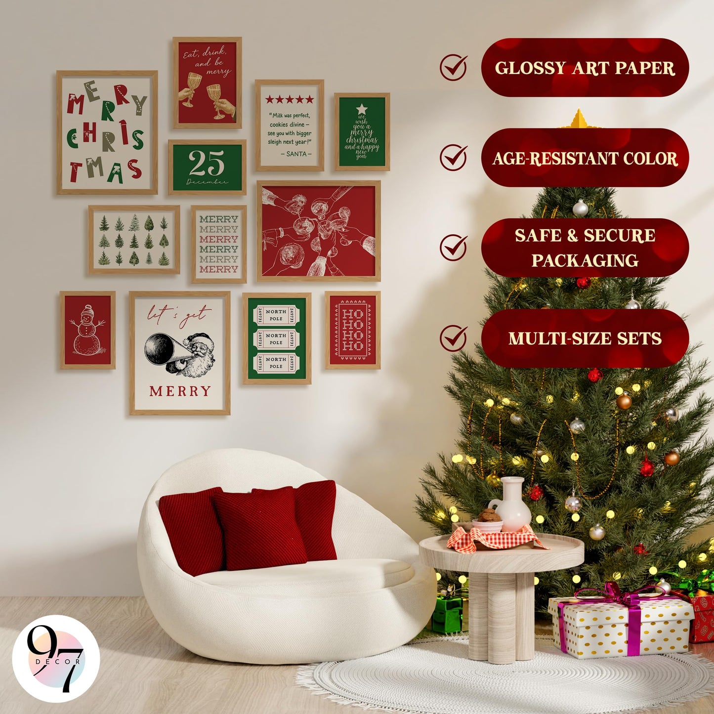 97 Decor Retro Christmas Prints Unframed - Trendy Christmas Posters For Room Aesthetic, Classic Holiday Artwork Winter Pictures, Funny Merry Xmas Painting Santa Pine Tree Gallery Wall Art For Bedroom