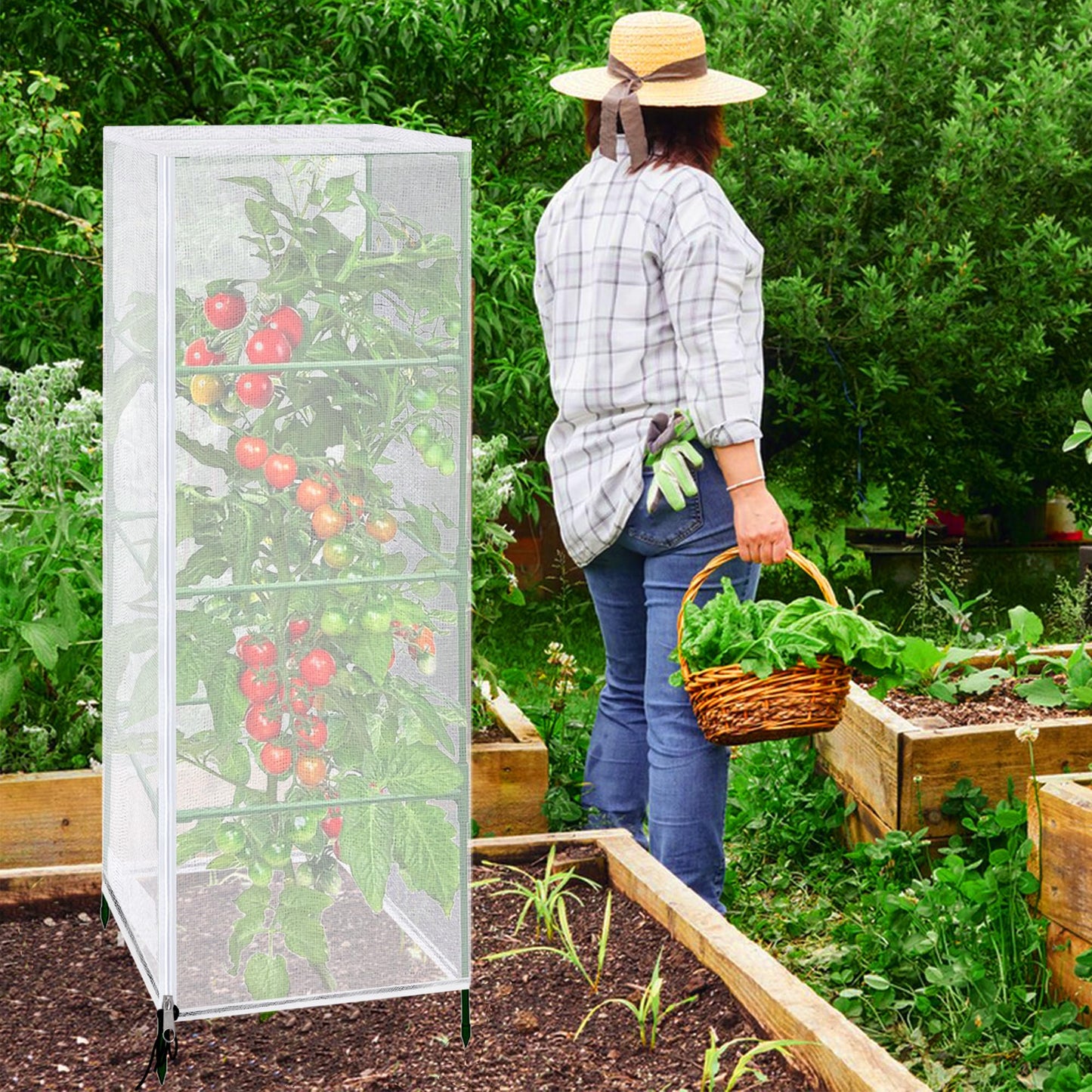 3 Pcs Garden Bird Netting Plant Cover for Square Tomato Cage, 59" x 17.7" Insect Bird Barrier Tomato Cage Net with Zipper & Drawstring, Tomato Trellis Netting Protection Cover for Protecting Plants