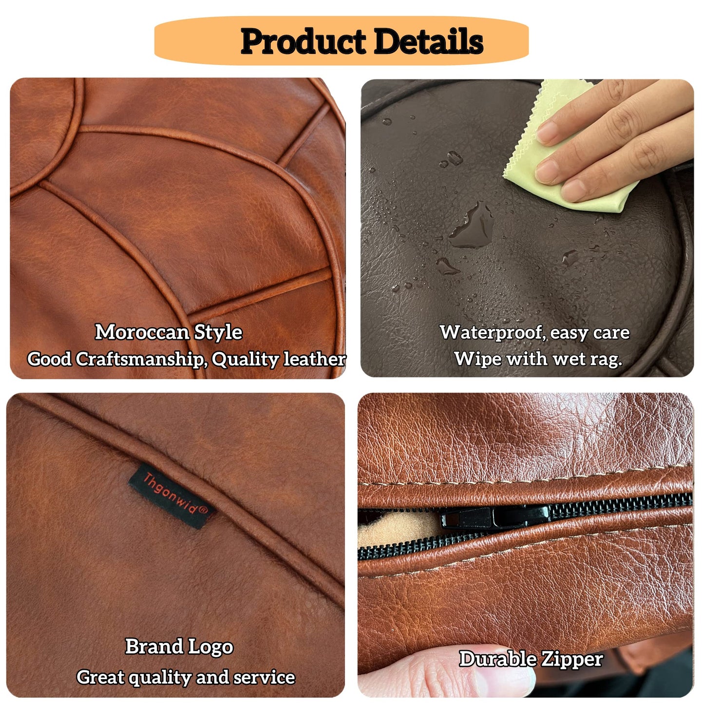 Thgonwid Round Unstuffed Pouf Cover, Leather Foot Stool Ottoman with Storage, Bean Bag Floor Chair, Multi Functional Footrest for Living Room, Bedroom or Balcony (Brown)