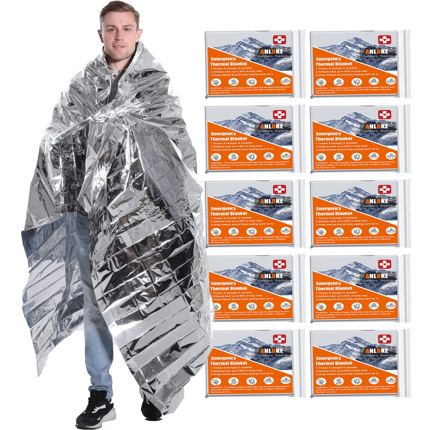 ANLOKE Emergency Blankets Mylar Thermal Blanket,(10 Pack) of Gigantic Space Blanket 84 * 64 in. Survival Blankets Heavy Duty Camping Gear,First Aid