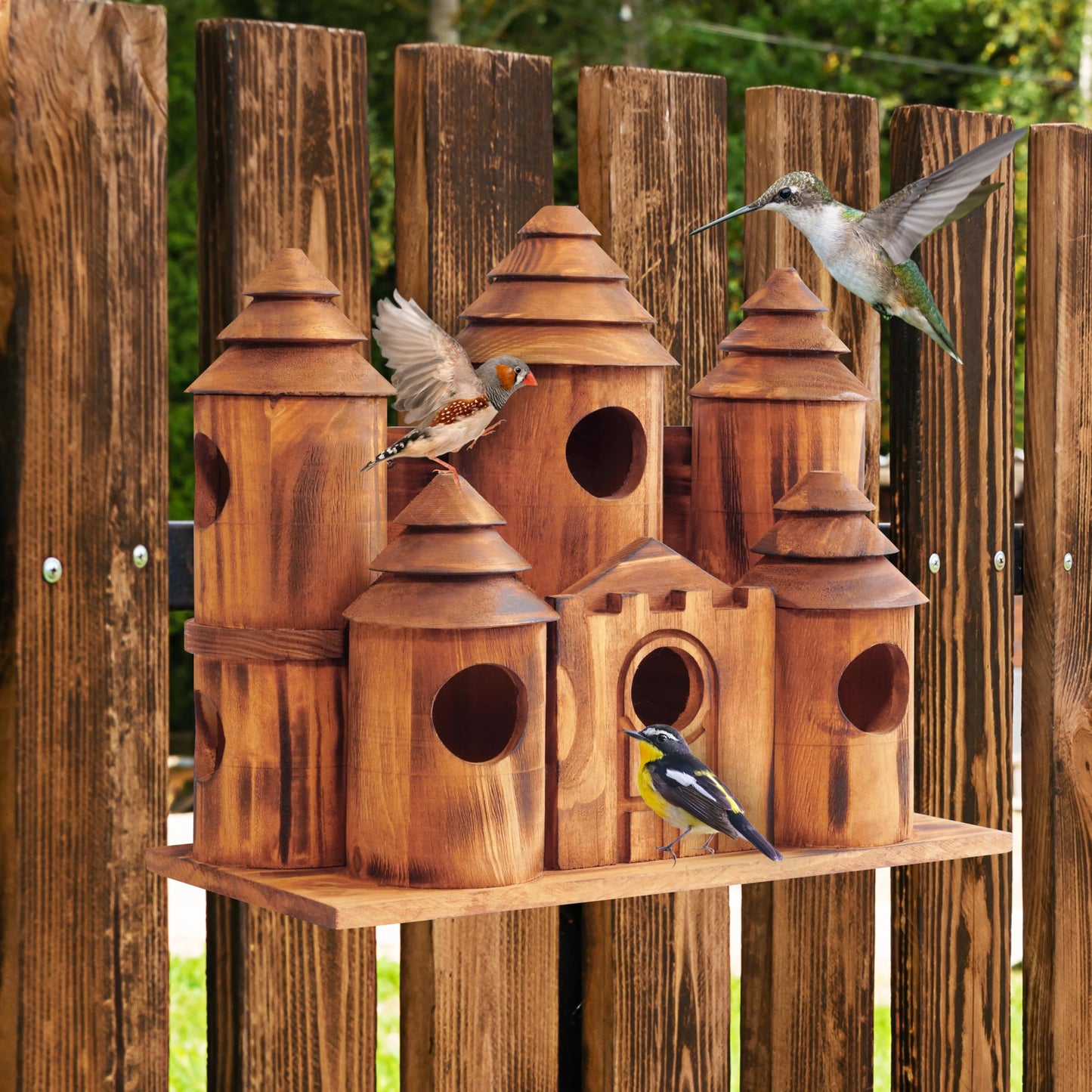 MIXUMON Wooden Bird Houses for Outside – 8 Rooms Castle-Style Bird House, Carbonized Pine Rustic Finish, 1.57" Entrance Holes, Decorative Outdoor Bird Nesting Box (Rustic, 8 Rooms)