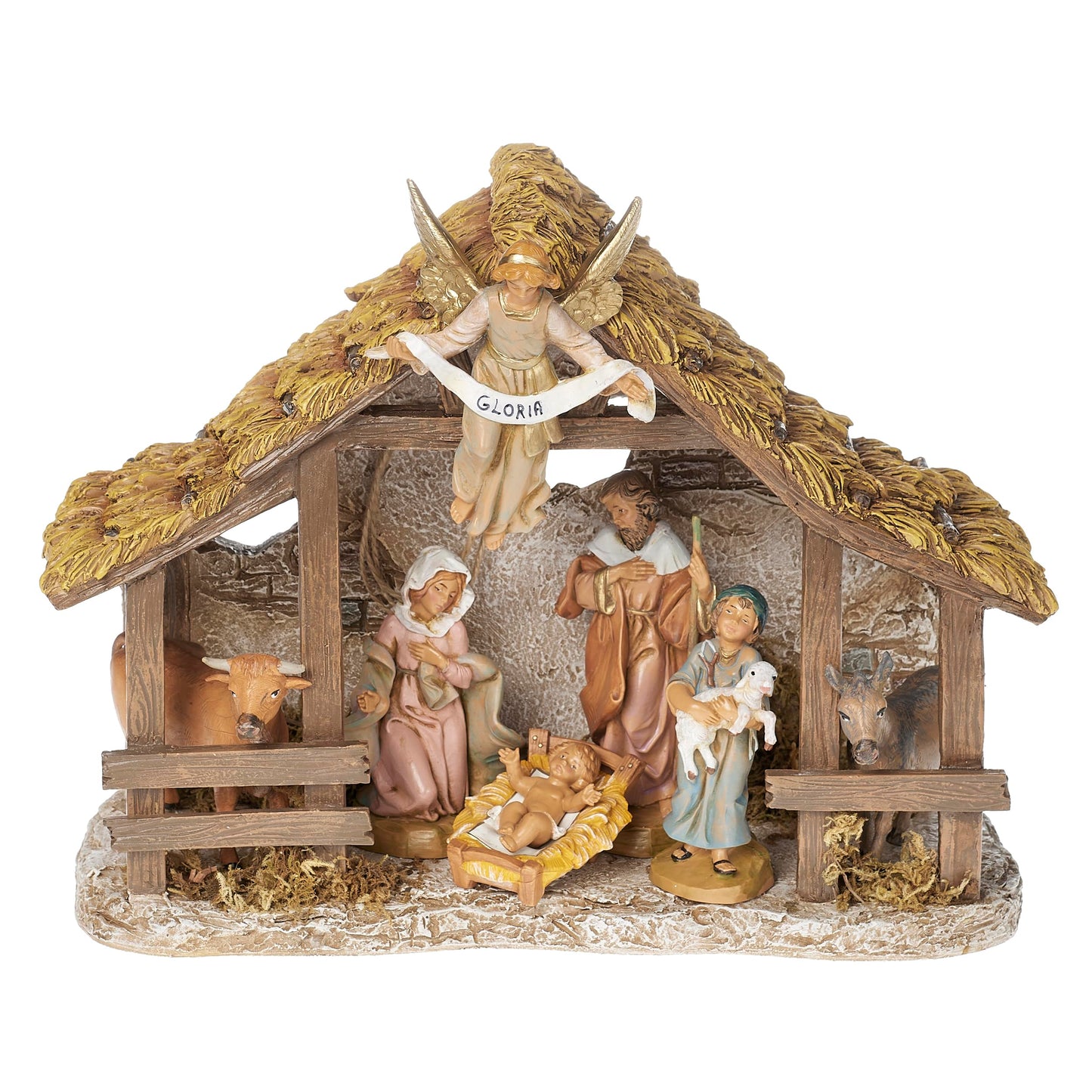 Fontanini by Roman 5" Scale Nativity Set, 7-Piece Holy Family Scene with Shepherd and Animals, Resin Stable with Angel, Classic Christmas Decoration