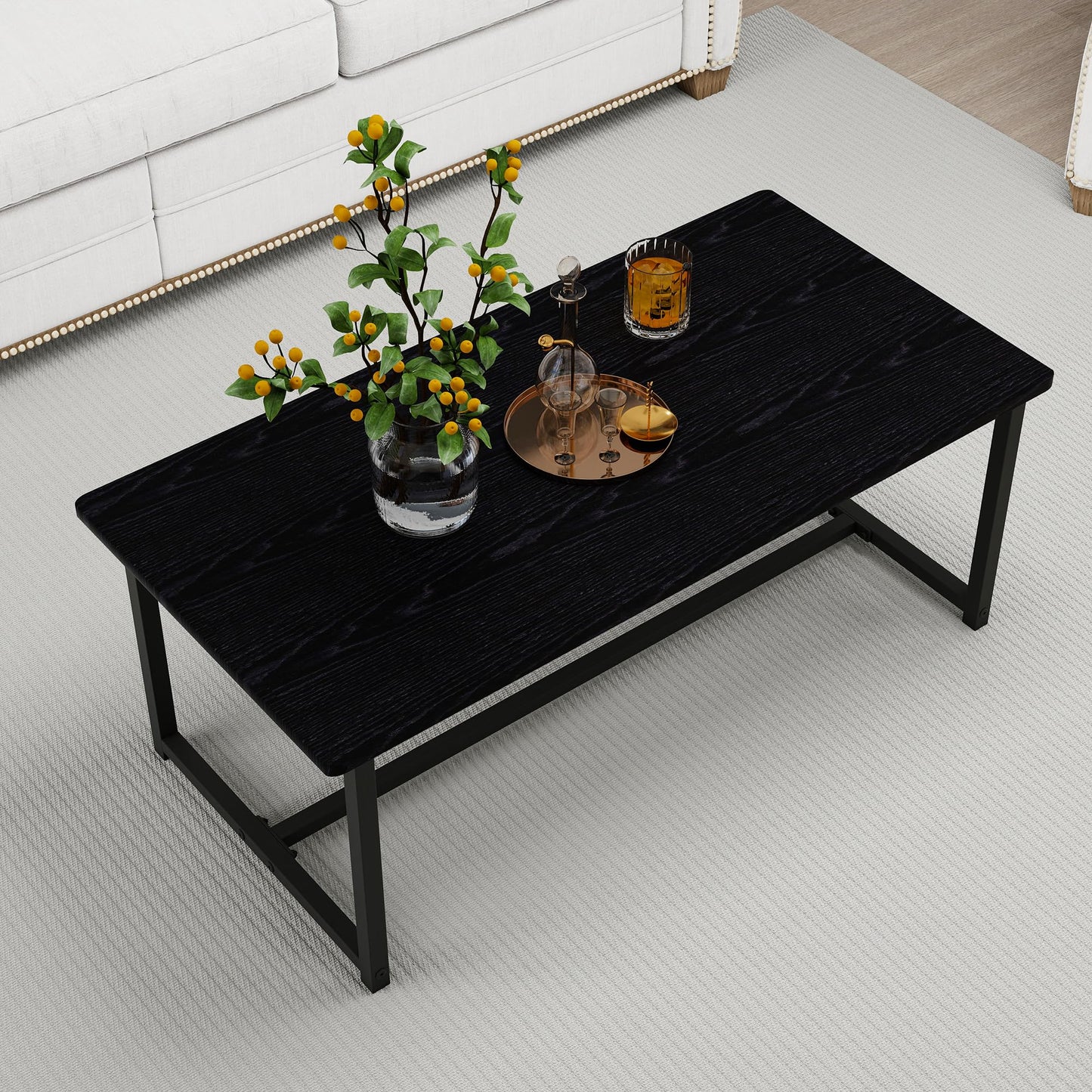 VERFARM 35.4" Rectangular Coffee Table for Living Room, Modern Industrial Style Coffee Table Center Table with Metal Frame for Small Space, Apartment, Office, Easy Assembly, Black