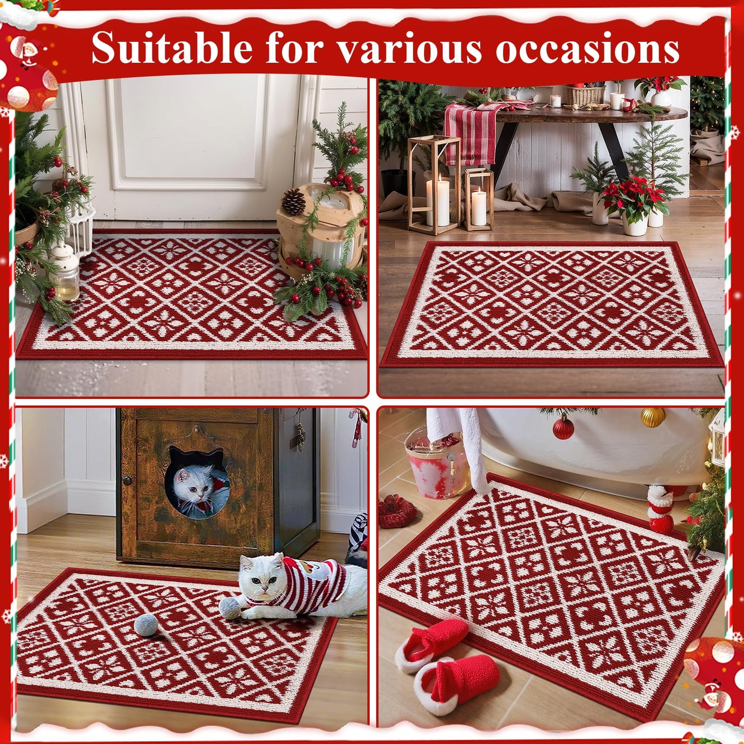 Ileading Christmas Entrance Door Mat, Absorbent Dog Mats for Muddy Paws, Low-Profile Small Red Xmas Decor Kitchen Runner Rug with Non-Slip Backing, Machine Washable Entryway Welcome Mat(Red 24"X36")