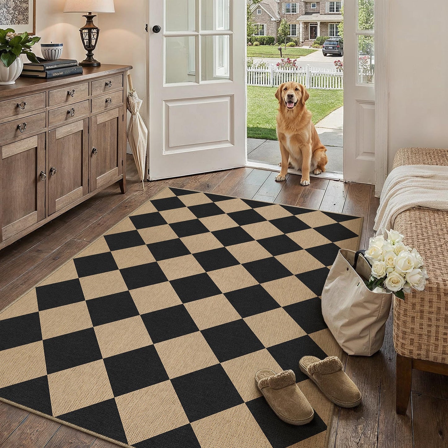 PureCozy 4x6 Checkered Easy Jute Area Rug for Living Room Checkerboard Washable Indoor Outdoor Carpet Farmhouse Patio Office Mat Geometric Non Slip Black Carpet for Dorm Backyard Dining Room