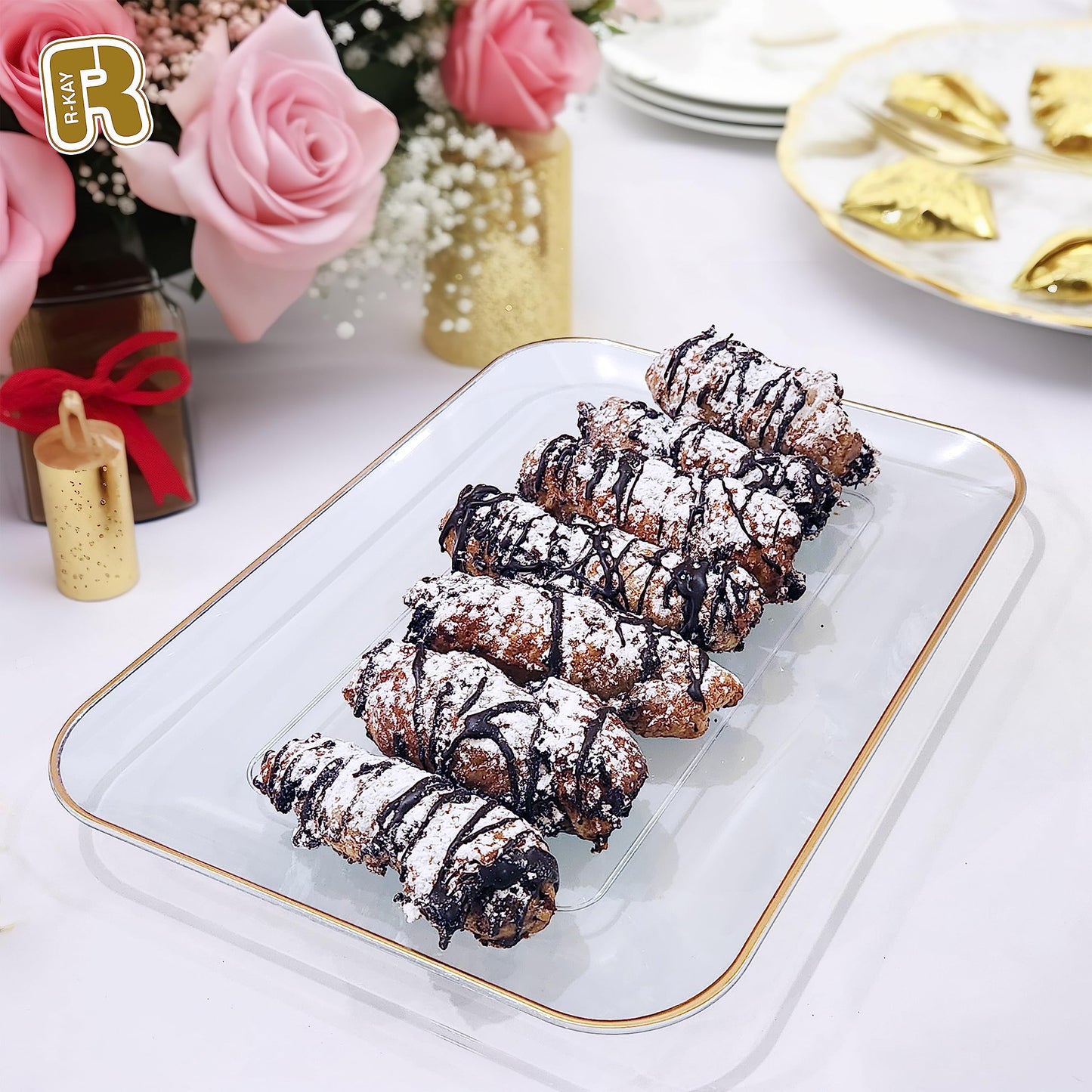3 Pack Plastic Serving Trays for Party - Gold Serving Tray 8 x 11 Inch - Heavy Duty Dessert Trays for Food - Rectangular Party Serving Trays for Entertaining - Clear Cookie Platters