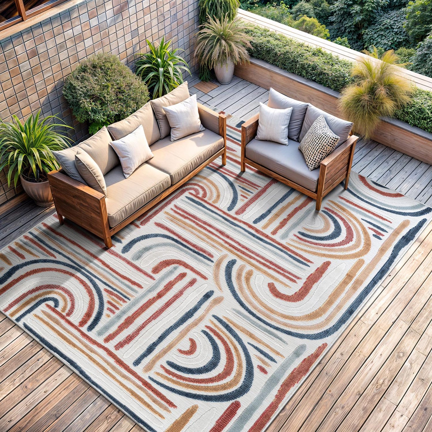 CAMILSON Indoor Outdoor Rug, Multicolor 6x9 Geometric Arch Striped Area Rugs for Patio and Home Areas, Easy-Cleaning Non-Shedding Living Room, Garden and Deck Washable Outside Carpet (6 x 9)