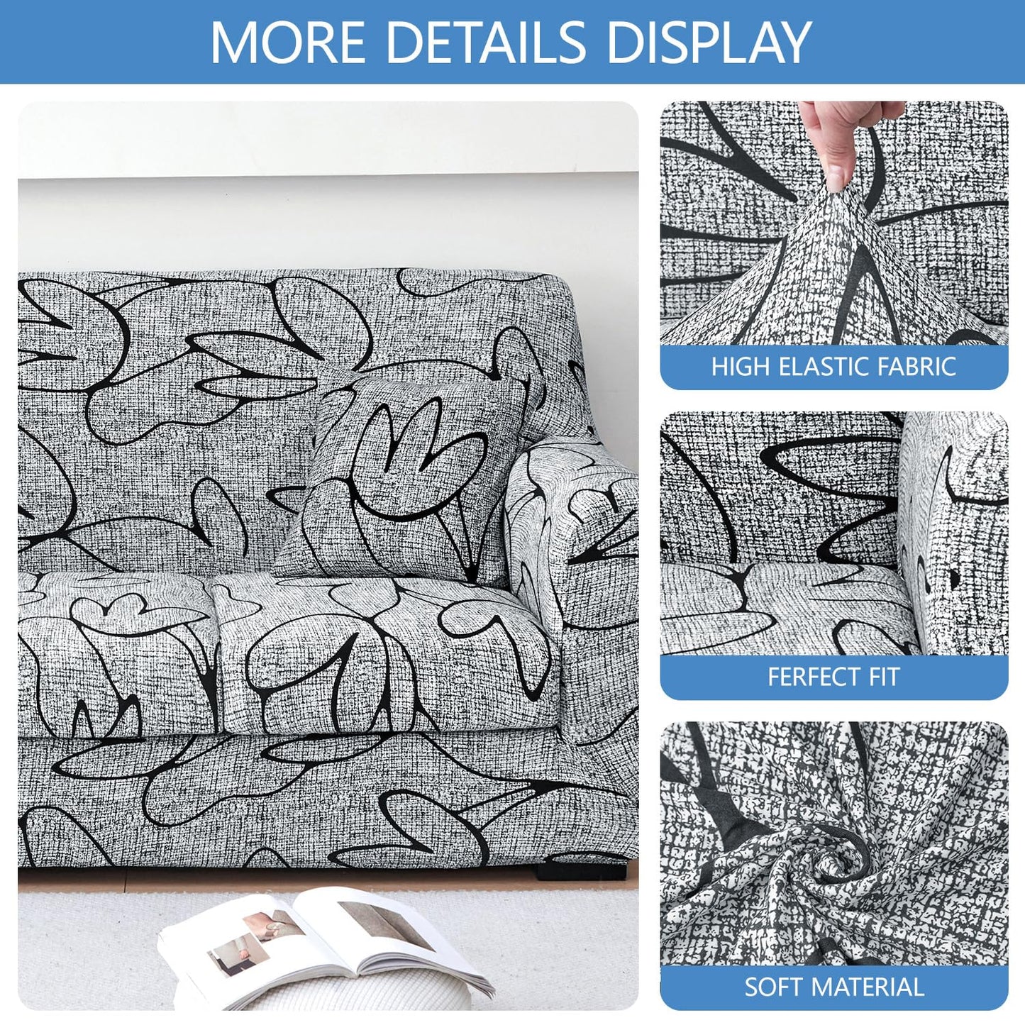 Keyroal Stretch Printed Sofa Cover Couch Covers, 2-Piece Armchair Cover with Separate Cushion Cover, Washable Soft Spandex Furniture Protector for Living Room(Armchair, Grey Lotus)