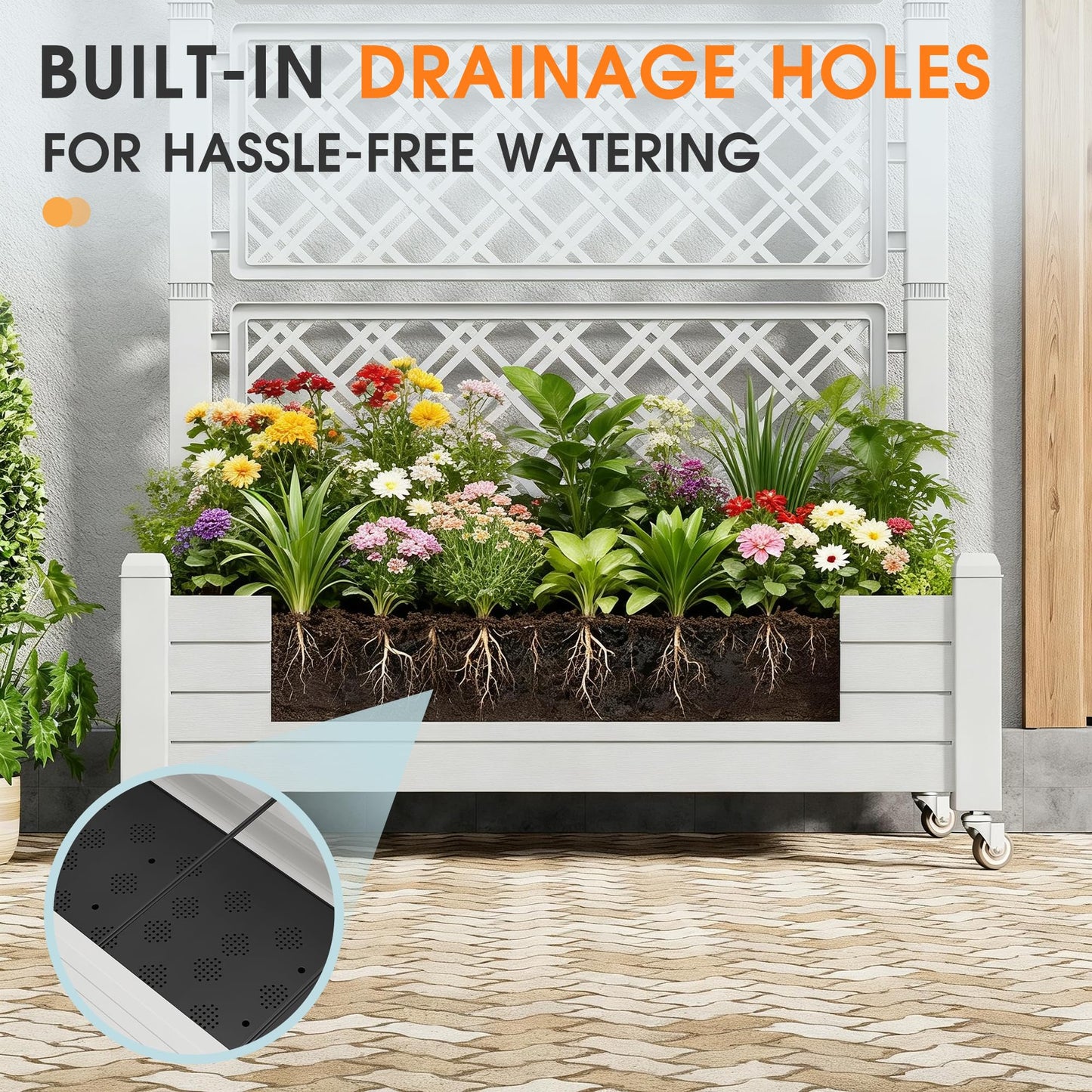 WTFGO Resin Raised Garden Bed with Trellis and Wheels, Planter Box with Trellis Outdoor, Raised Planter with Trellis with Drainage Holes & Water Monitor for Climbing Plants, Ashen(61.2" H)
