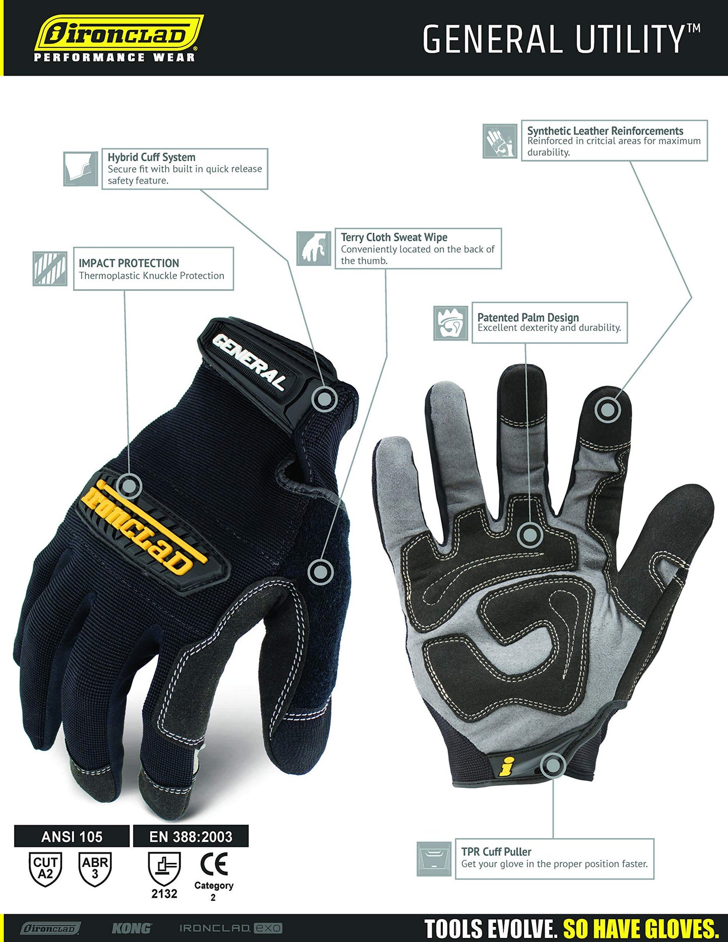 Ironclad General Utility Work Gloves GUG, All-Purpose, Performance Fit, Durable, Machine Washable, Sized Medium, (1 Pair) Black