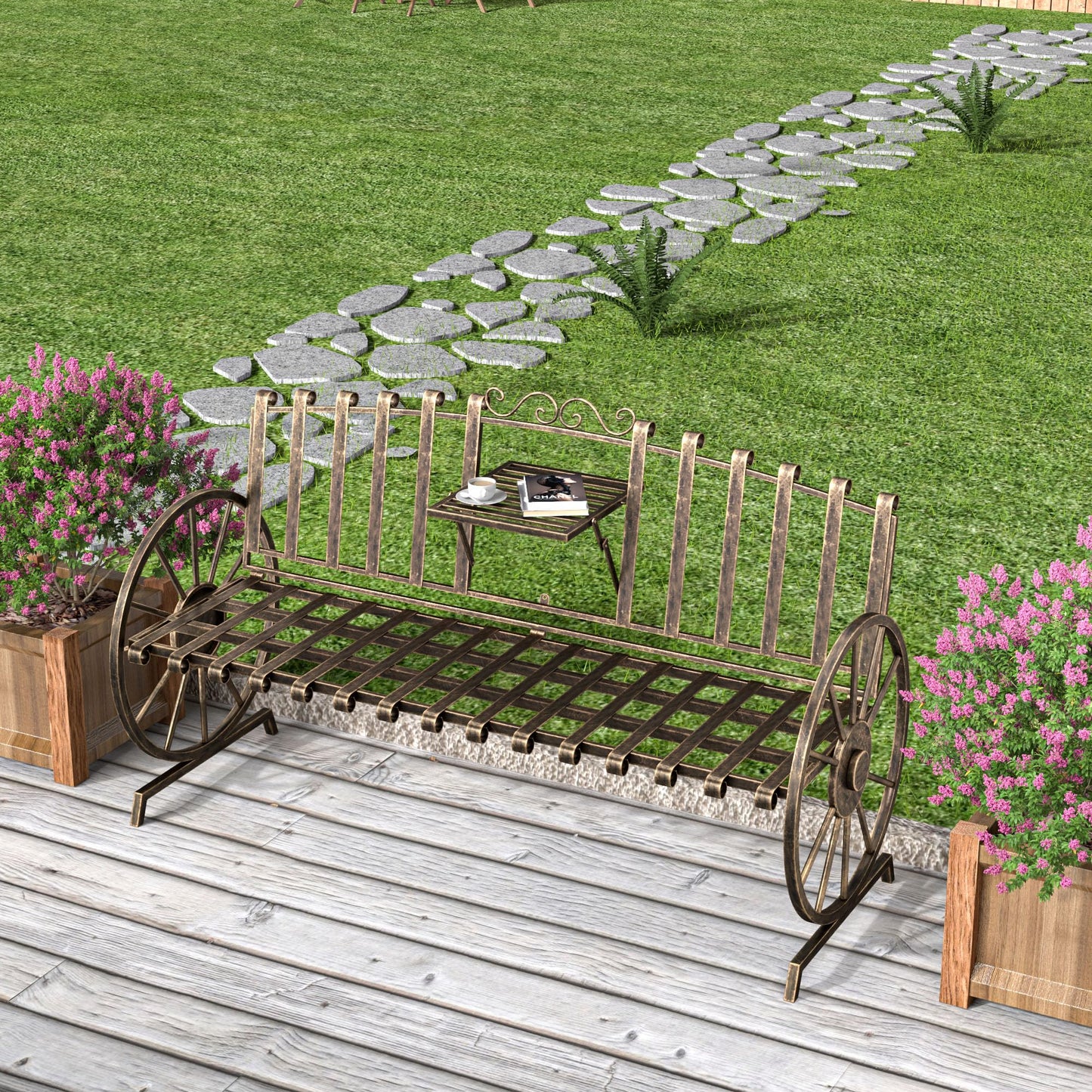 Boweniog Outdoor Bench Patio Outdoor Garden Bench with Built-in Table, Wagon Wheel Arms, 3 People Outdoor Bench Garden Bench Front Porch Furniture Patio Lawn Yard Park (Bronze)