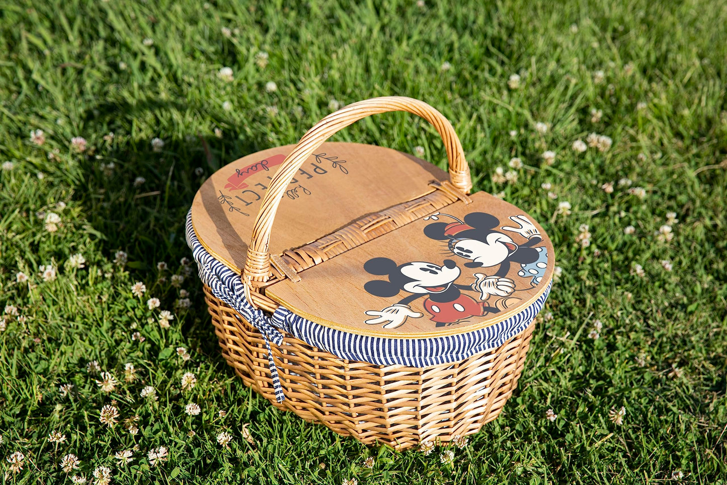 Picnic TIME Disney Mickey Mouse & Minnie Mouse Country Vintage Picnic Basket with Lid, Wicker Picnic Basket for 2, (Navy Blue & White Stripe)