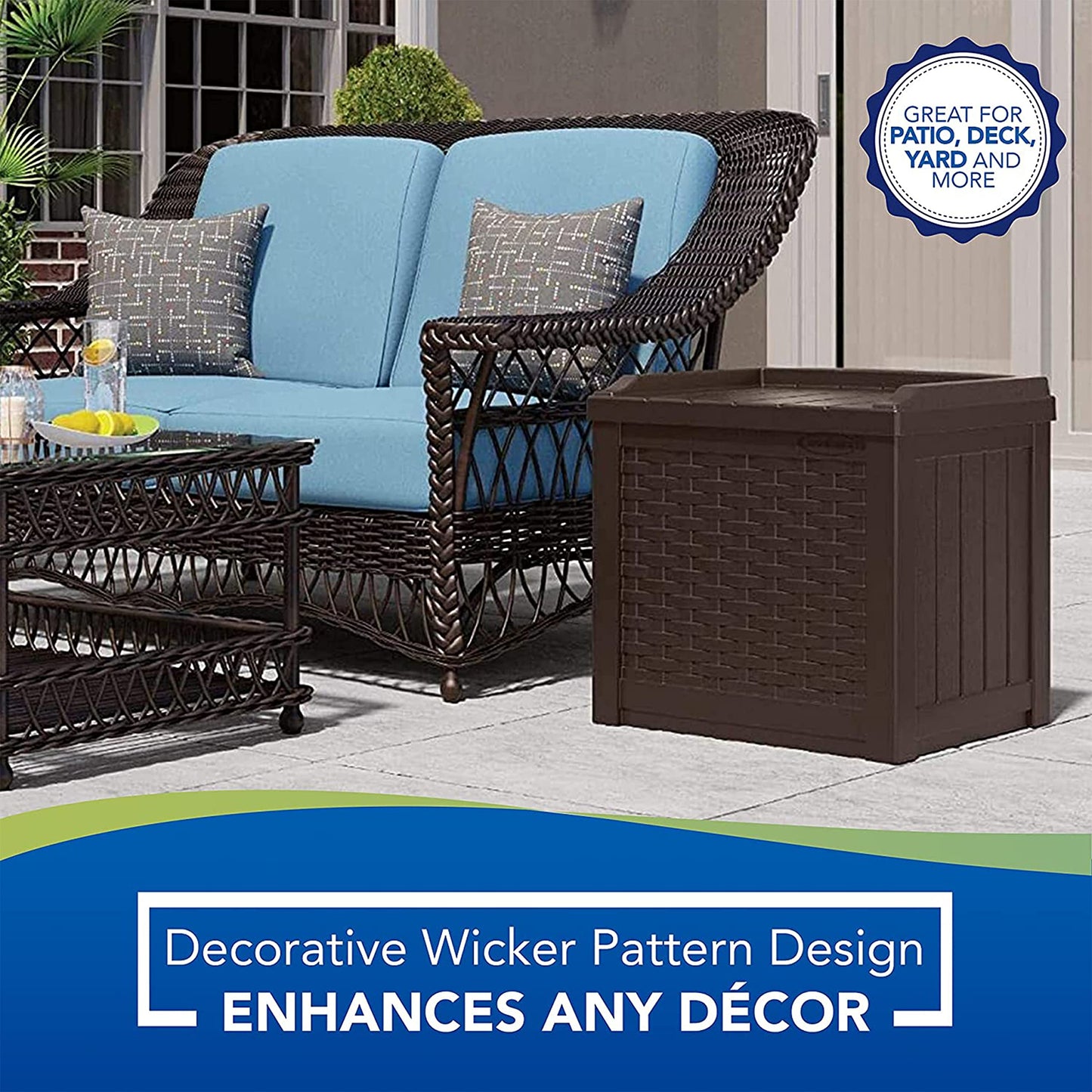 Suncast Small Outdoor Storage Box - 22 Gallon Java Resin Outdoor Deck Box, Flat-Lid Bench Seating, Patio Storage Bin Container for Organizing Tools, Cushions for Porch, Deck, Pool, & Garden