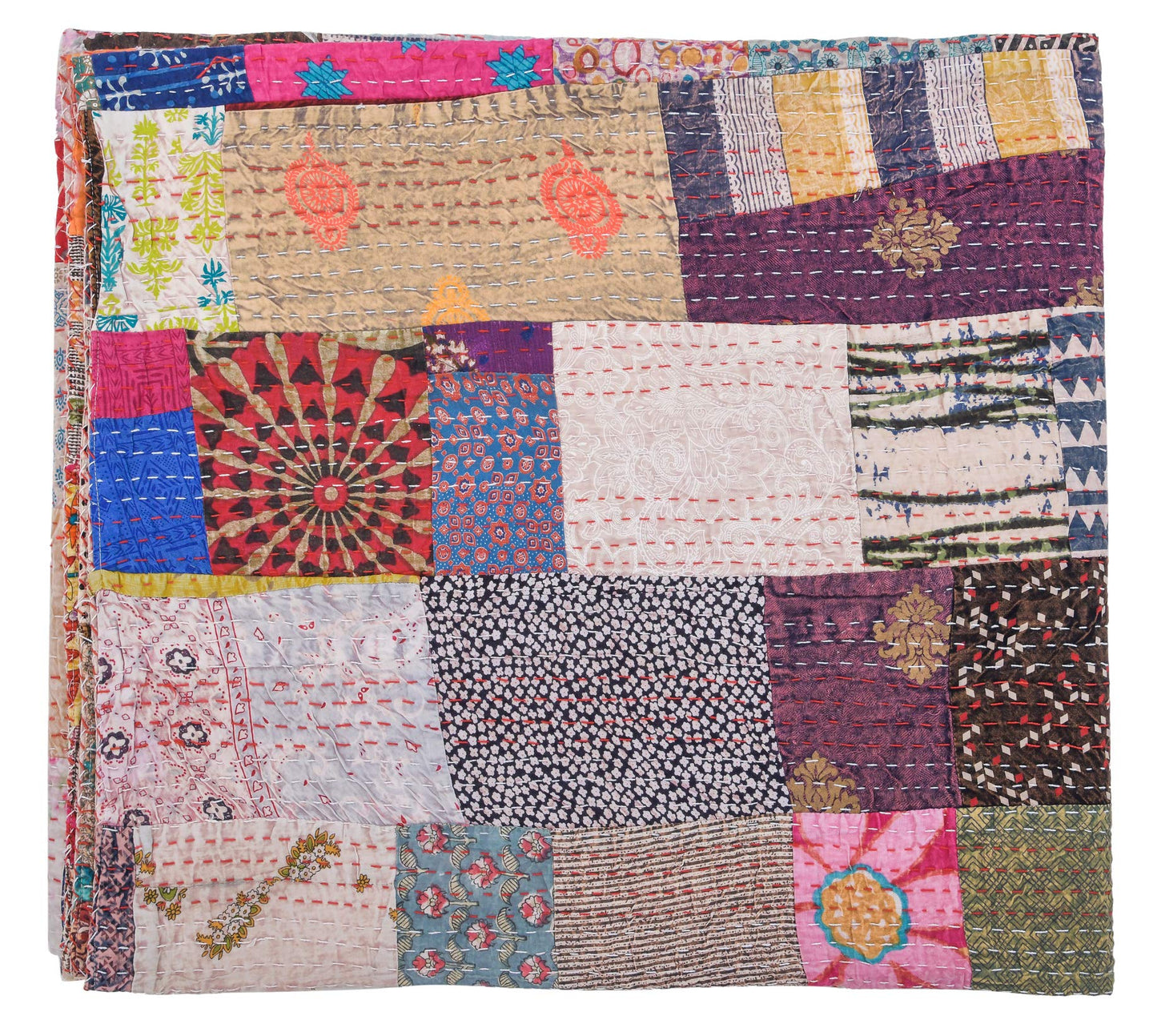 Marubhumi Indian Traditional Pure Cotton Patchwork Kantha Quilt, Paisley Print Kantha Quilt Multi Color (Multicolor-1, Twin (60"x 90"))