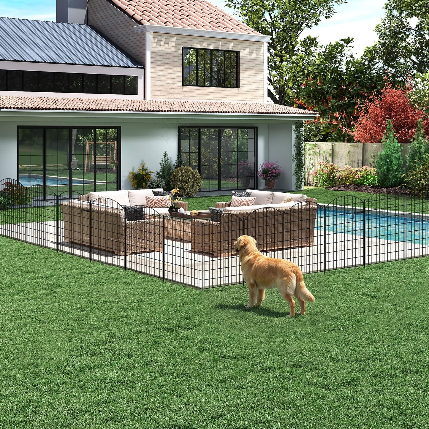 SUNYRISY Metal Garden Fence Animal Barrier with Gate, 13 Panels 40 in (H) X 28 ft(L) No Dig Dog Pet Fence Outdoor for Yard, Temporary Fencing for Outside Garden Border