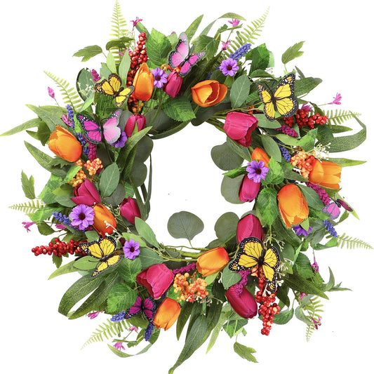 Sggvecsy Spring Summer Wreath for Front Door 22 Inch Artificial Tulips Wreath with Eucalyptus Leaves Lavender Ferns Colorful Silk Flowers Butterflies for Home Farmhouse Indoor Outdoor Wall Decor
