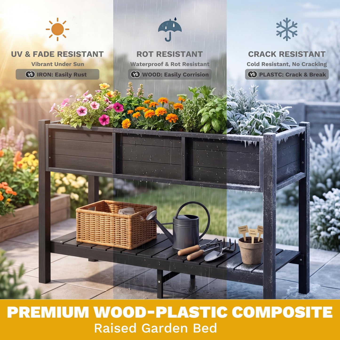 DWVO 48x18x30in Raised Garden Bed Kit, HDPE Planter Box Stand, Poly Wood Weather-Resistant Planter Box with Legs & Storage Shelf, Elevated Garden Bed for Backyard, Patio, Balcony,Black