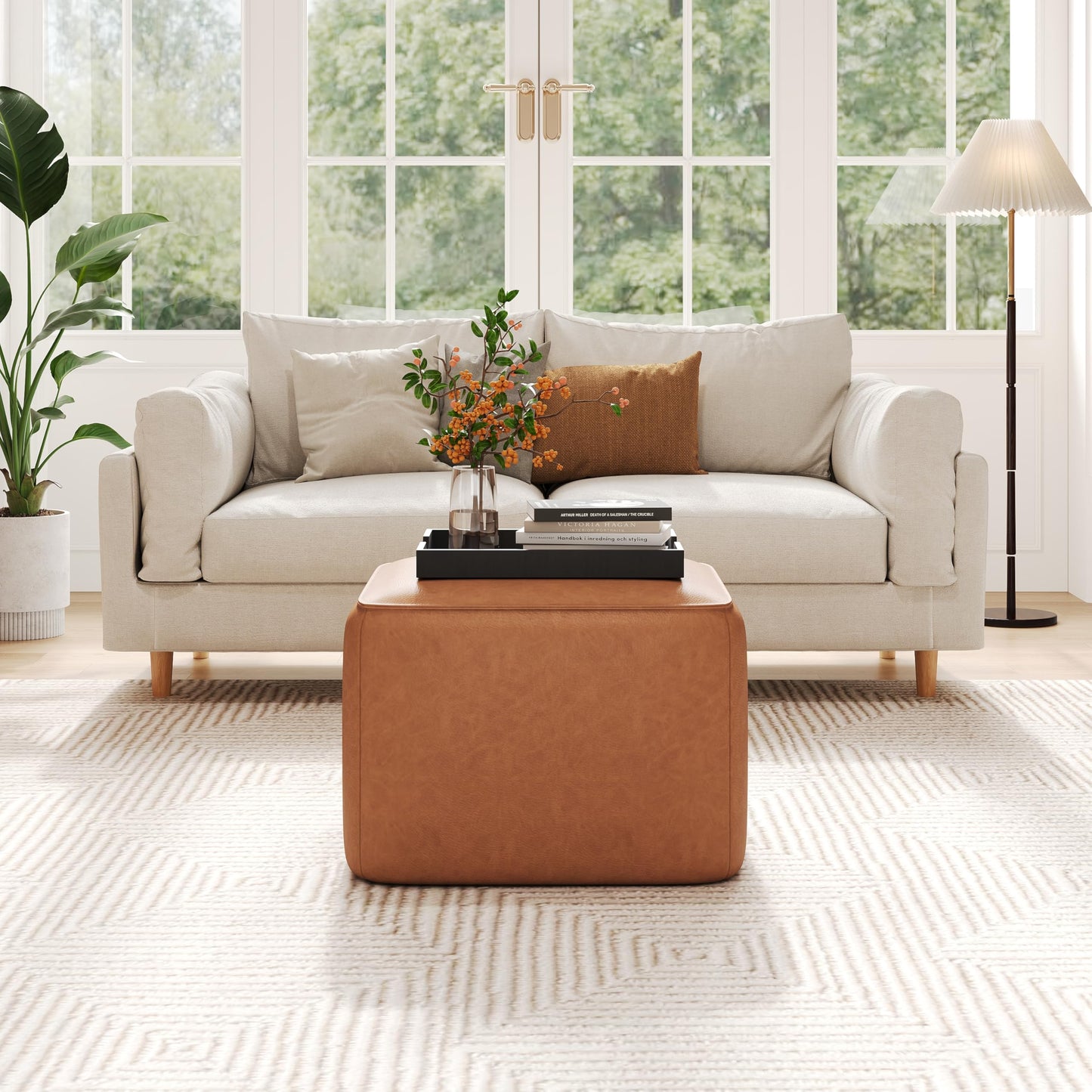 Christopher Knight Home Ellis Faux Leather Pouf Ottoman Foot Rest, Square PU Pouffe Ottoman Footstool, Living Room Sofa Couch Extra Seat, Modern Coffee Table for Home Office Bedroom, Tan Brown