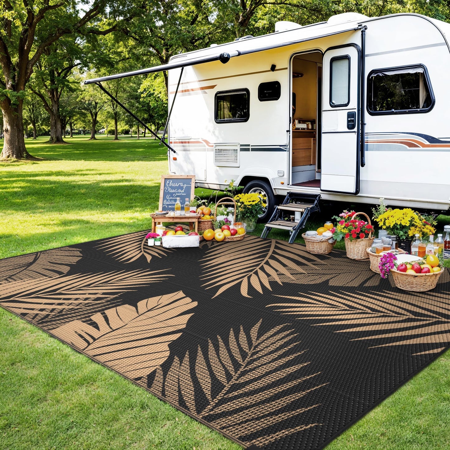 sarben Outdoor Rug 10’x14’ Waterproof for Patio Clearance, Reversible Indoor Outdoor Plastic Straw Camping Rug Carpet, RV Mat, Large Area Rug for Deck, Backyard, Balcony, Porch, Beach, Black & Brown