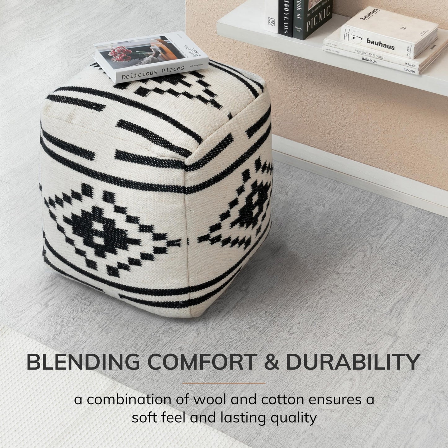 Anji Mountain Pouf Ottoman Foot Rest, Handmade Ottoman Pouf, Comfortable Foot Stool, Decorative Floor Seating for Living Room Decor, Bedroom & Home Décor Accent - Carbon Ikat