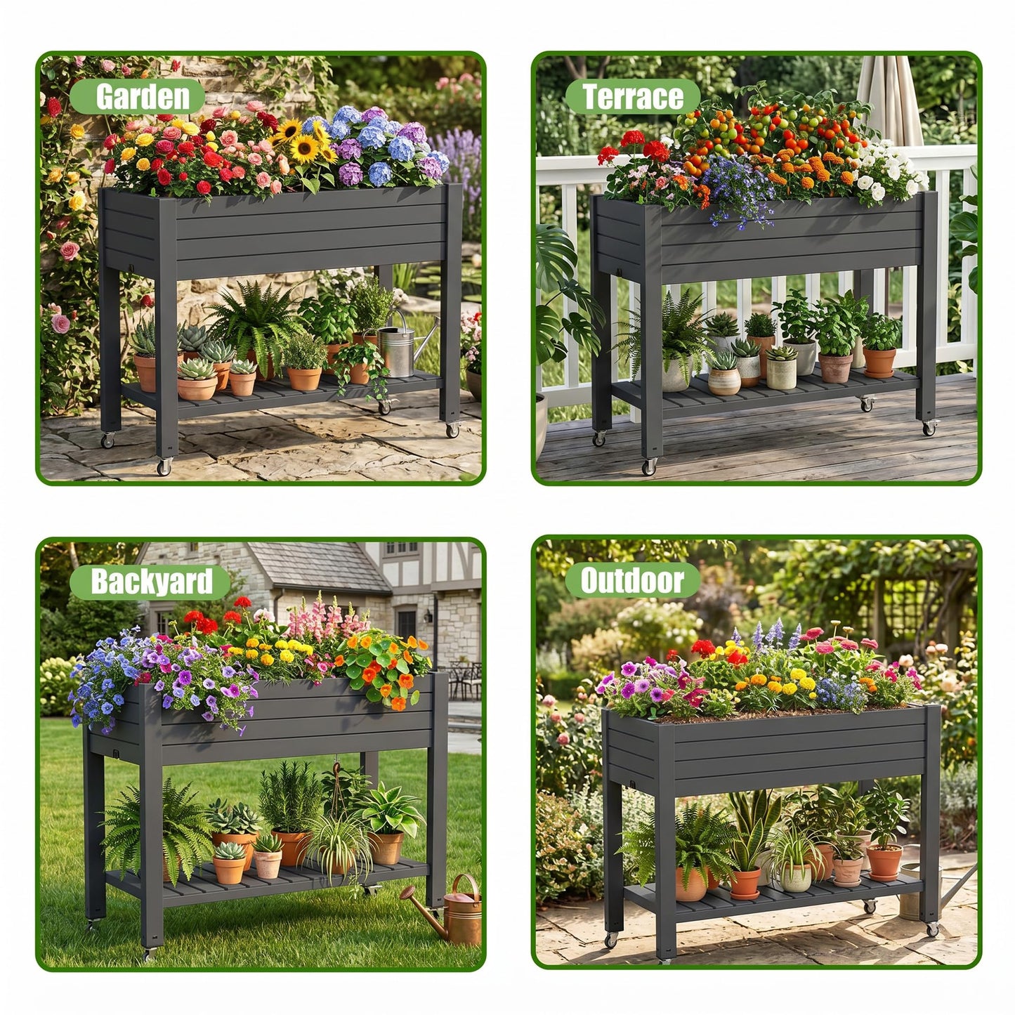EFU Raised Garden Beds Outdoor, with Wheels for Mobility, Extra Storage Shelf, Water Level Monitoring, 21 Gallon Planter Raised Beds for Vegetables, Herbs, Fruits, Backyard, Patio, Balcony (Black)