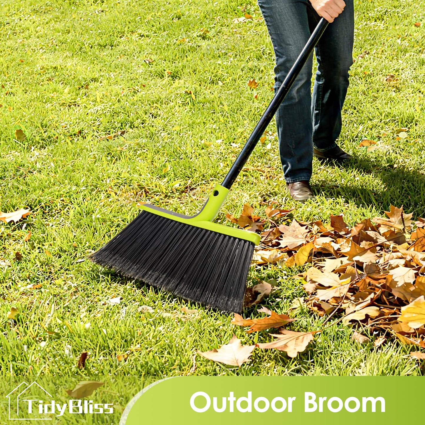 TidyBliss Outdoor Broom Heavy Duty, 56 inches Tall Commercial Soft Bristle Angle Brush for Sweeping Outside Patio Garden Porch Deck Shop Restaurant Garage House Lobby Hardwood Floors (Green)