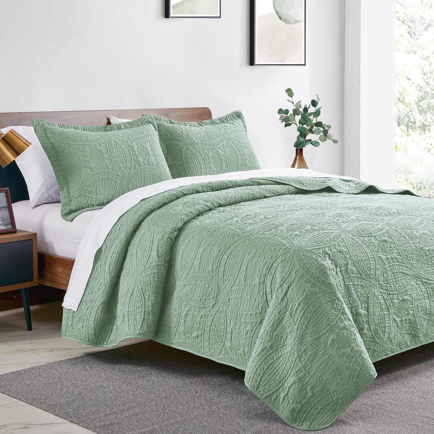 Love's cabin Quilts for Queen Bed Sage Bedspreads - Soft Bed Summer Lightweight Bedspread Comforter - Modern Style Coin Pattern Coverlet for All Season - 3 Pieces (1 Quilt, 2 Pillow Shams)