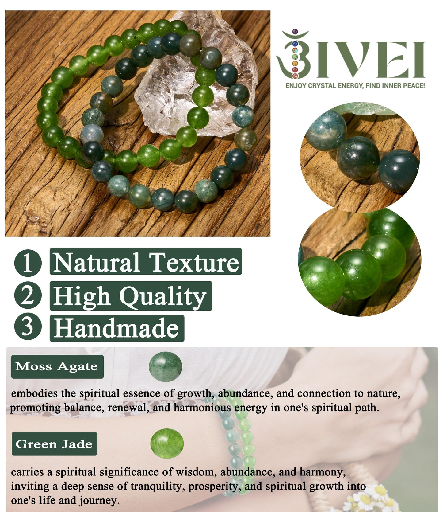 Bivei Natural Gemstone Semi Precious Crystals Handmade Stretchy Round Beads Bracelet, Enhance Positive Energy,Stocking Stuffers for Women(Moss Agate & Green Jade (Wisdom) Medium)
