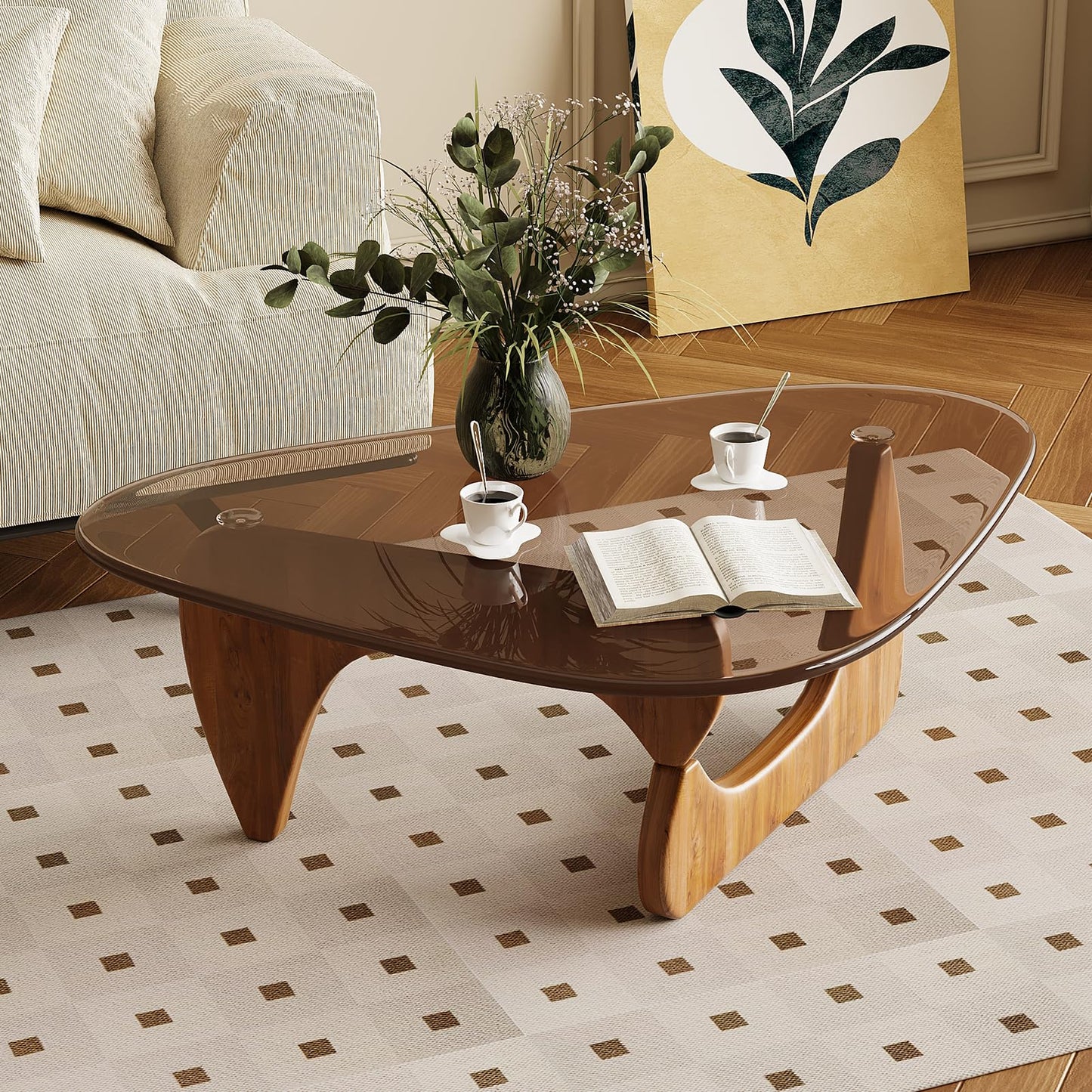 JCAJCA Coffee Table for Living Room Mid Century Modern Center Table with Glass Top and Wood, Brown/Walnut
