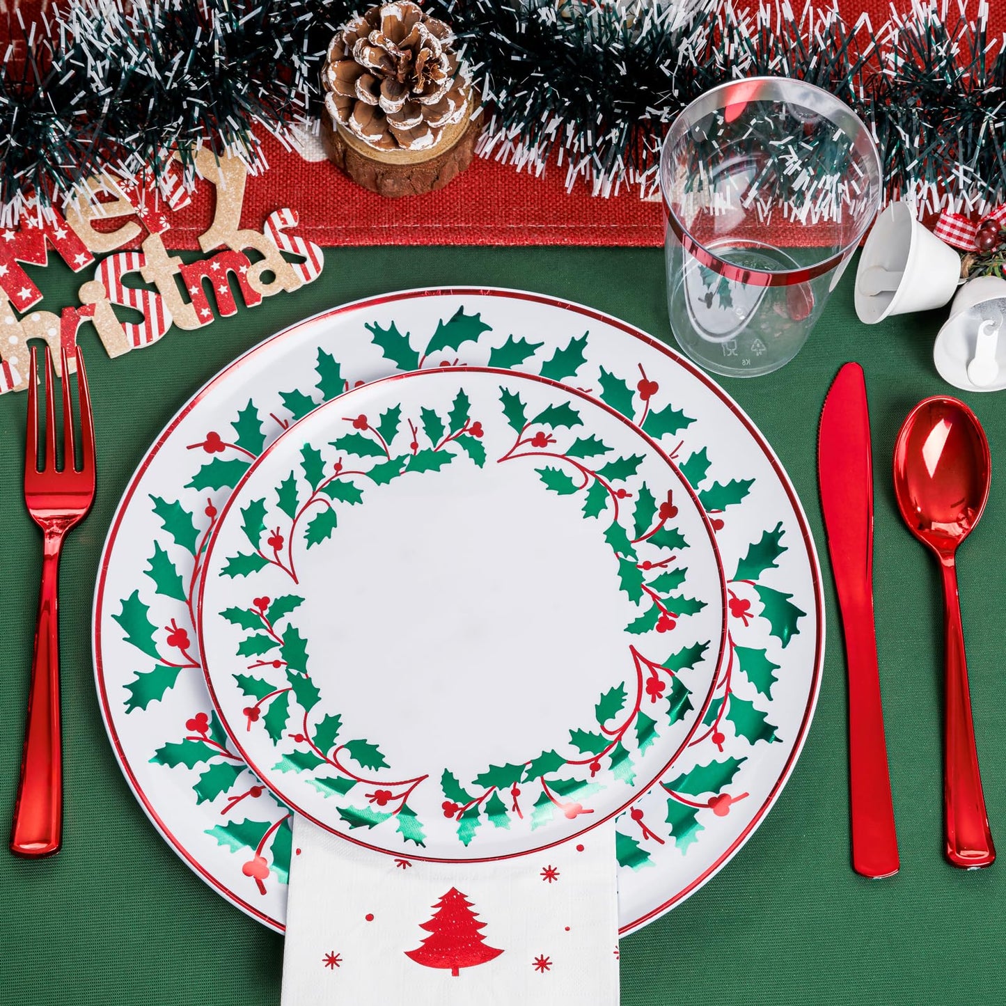 WDF 175Pcs Disposable Christmas Plates & Napkins - 25 Dinner & Dessert Plates, 25 Utensils, 25 Cups, 25 Christmas Napkins