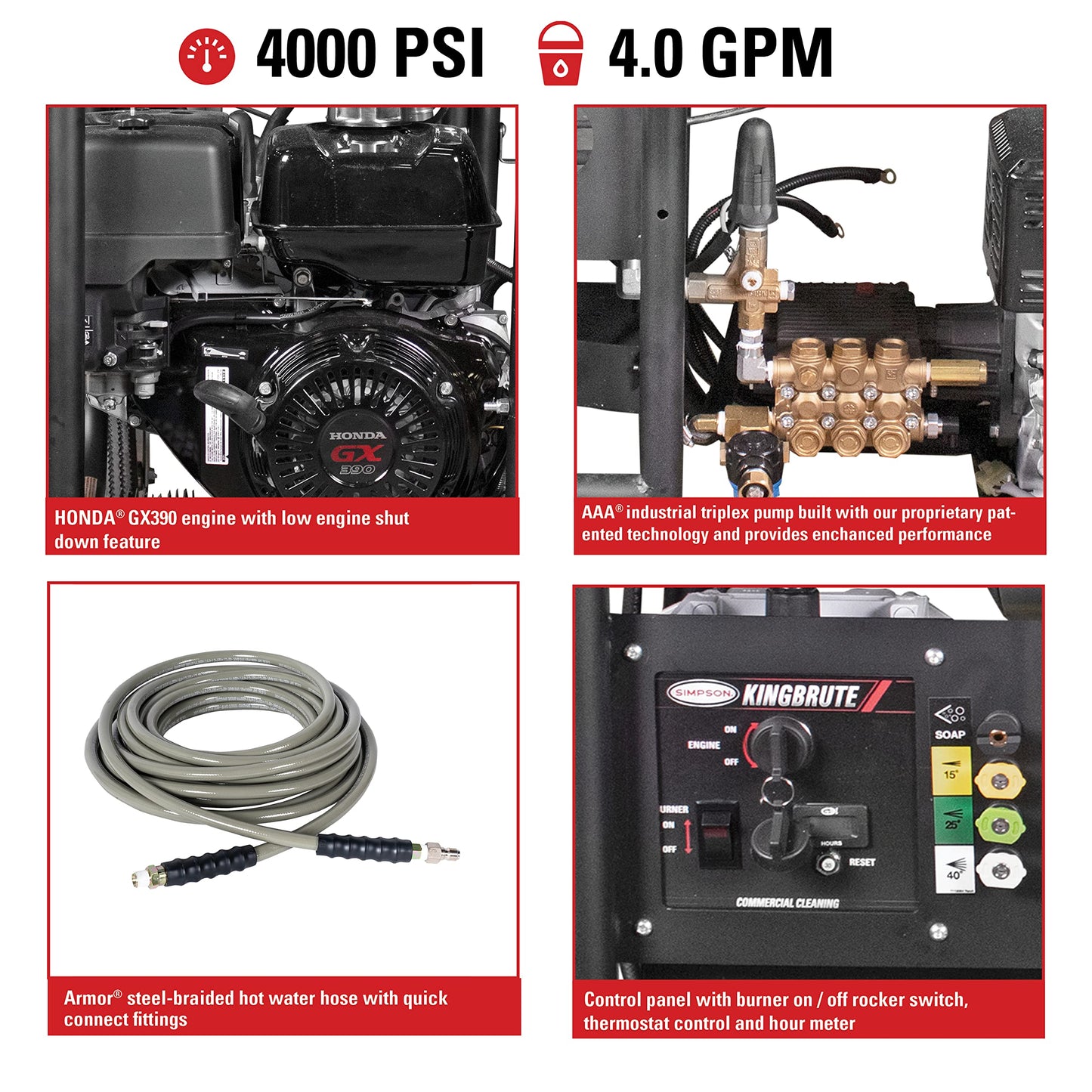 Simpson Cleaning 4000 PSI Gas Pressure Washer, 4.0 GPM Power Washer for Hot Water Use, Honda GX390 Engine, 50-Foot Steel-Braided Insulated Hose, King Brute, 49-State (KB65133)