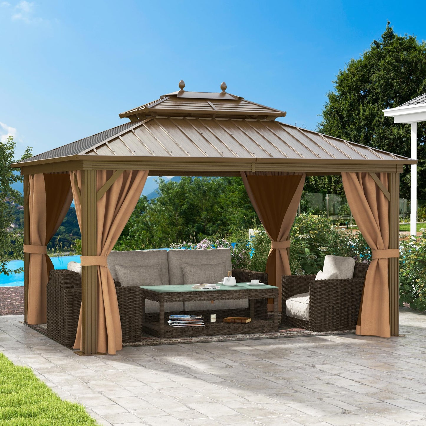 DWVO 10x12ft Hardtop Gazebo Heavy Duty Double Roof Galvanized Steel Outdoor with Nettings and Curtains, Combined of Horizontal Vertical Stripes Roof for Patio, Backyard, Deck, Lawn, Bronze