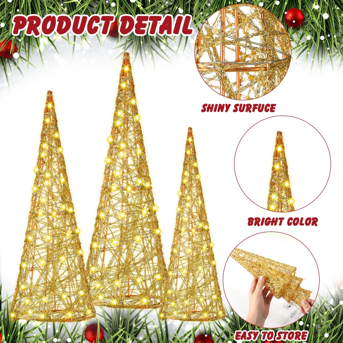 Baquler 3 Pcs LED Lighted Christmas Cone Trees Christmas Tree Ornament Gold Glittered Battery Operated Christmas Decoration Xmas Table Decor for Indoor Home Bedroom Tabletop Centerpiece Holiday Party