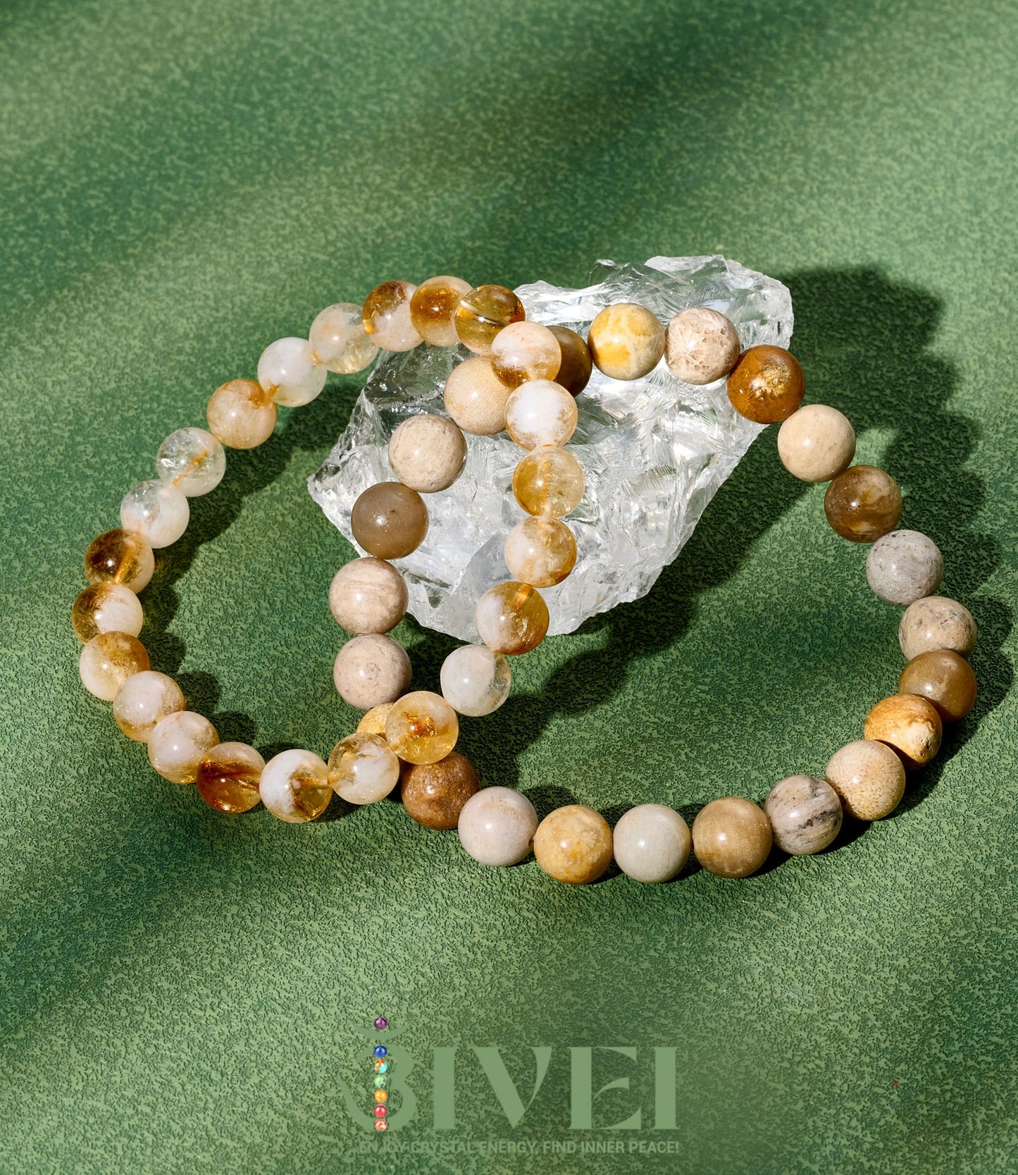 Bivei Natural Gemstone Semi Precious Crystals Handmade Stretchy Round Beads Bracelet, Enhance Positive Energy,Stocking Stuffers for Women(Citrine & Coral Jade (Wealth) Medium)