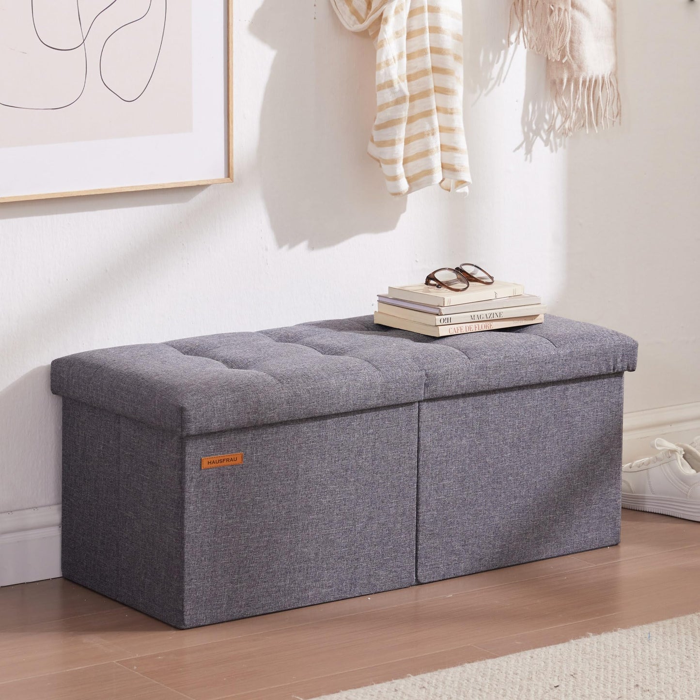HAUSFRAU 31.5 Inches Ottoman with Storage, Folding Ottoman Bench Small Foot Rest Stool, Bedroom Bench with Flipping Lid, Linen Grey