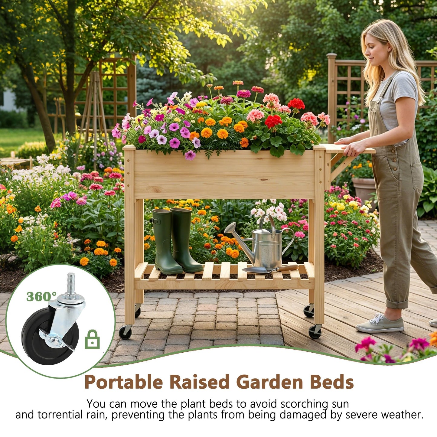 Cakhdry Raised Garden Bed with Legs and Wheels, Self-Watering System, 34x18x30in Elevated Planter Box with Storage Shelf & Liner for Flowers Vegetables Herbs, Raised Bed for Outdoor/Balcony/Patio