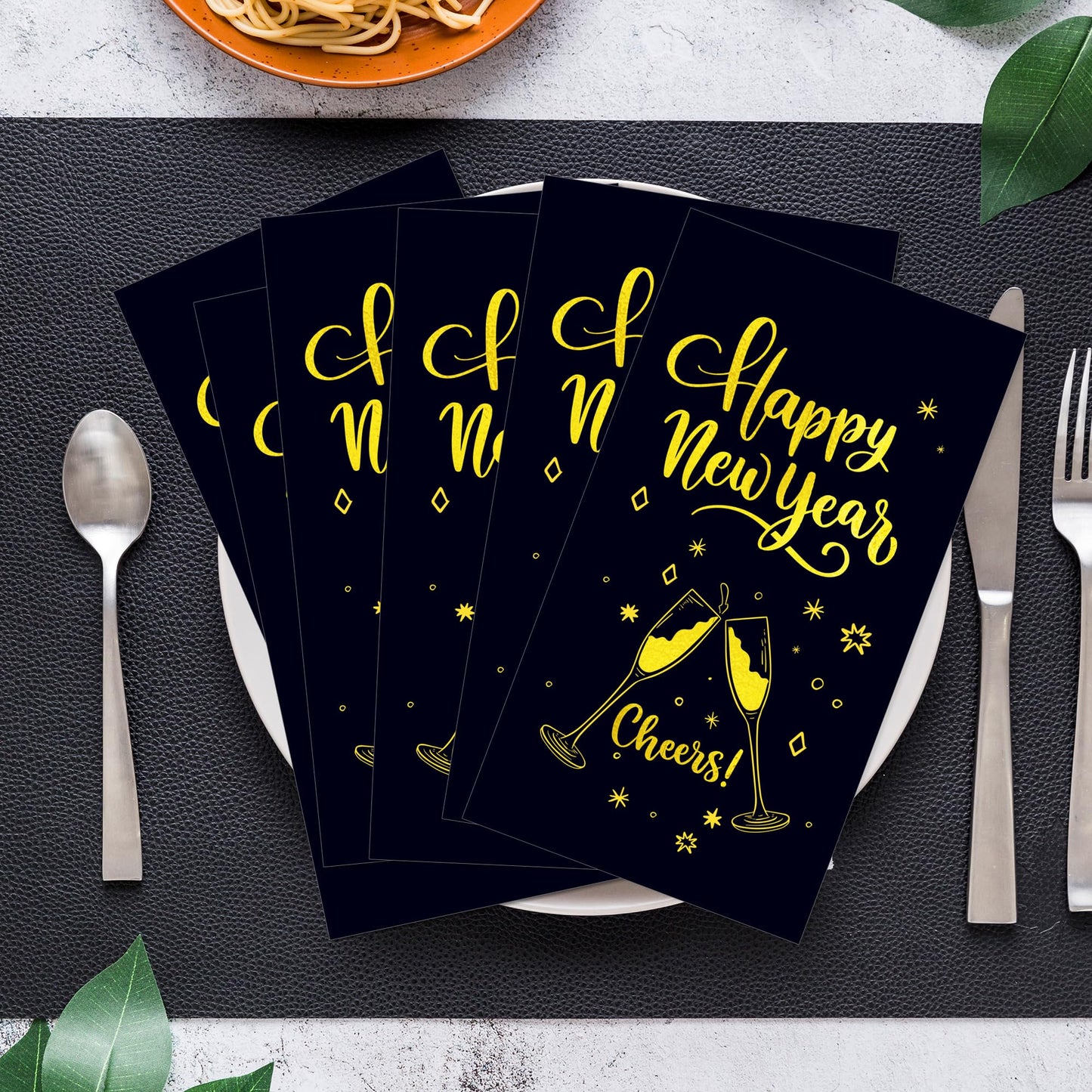 100 Pcs Happy New Year's Paper Napkins Disposable Party Napkins - Black and Gold Festive Design with "Happy New Year's" Wishes, 8x4.5 Inches for Xmas Winter Holiday Celebrations, New Years Eve Parties